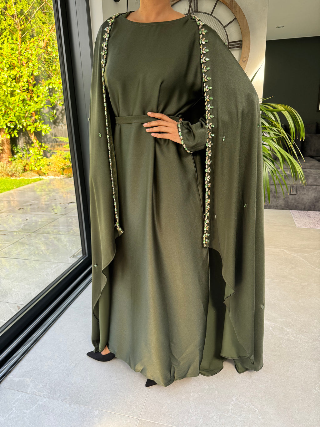 Dark Green Cape Jewelled Abaya