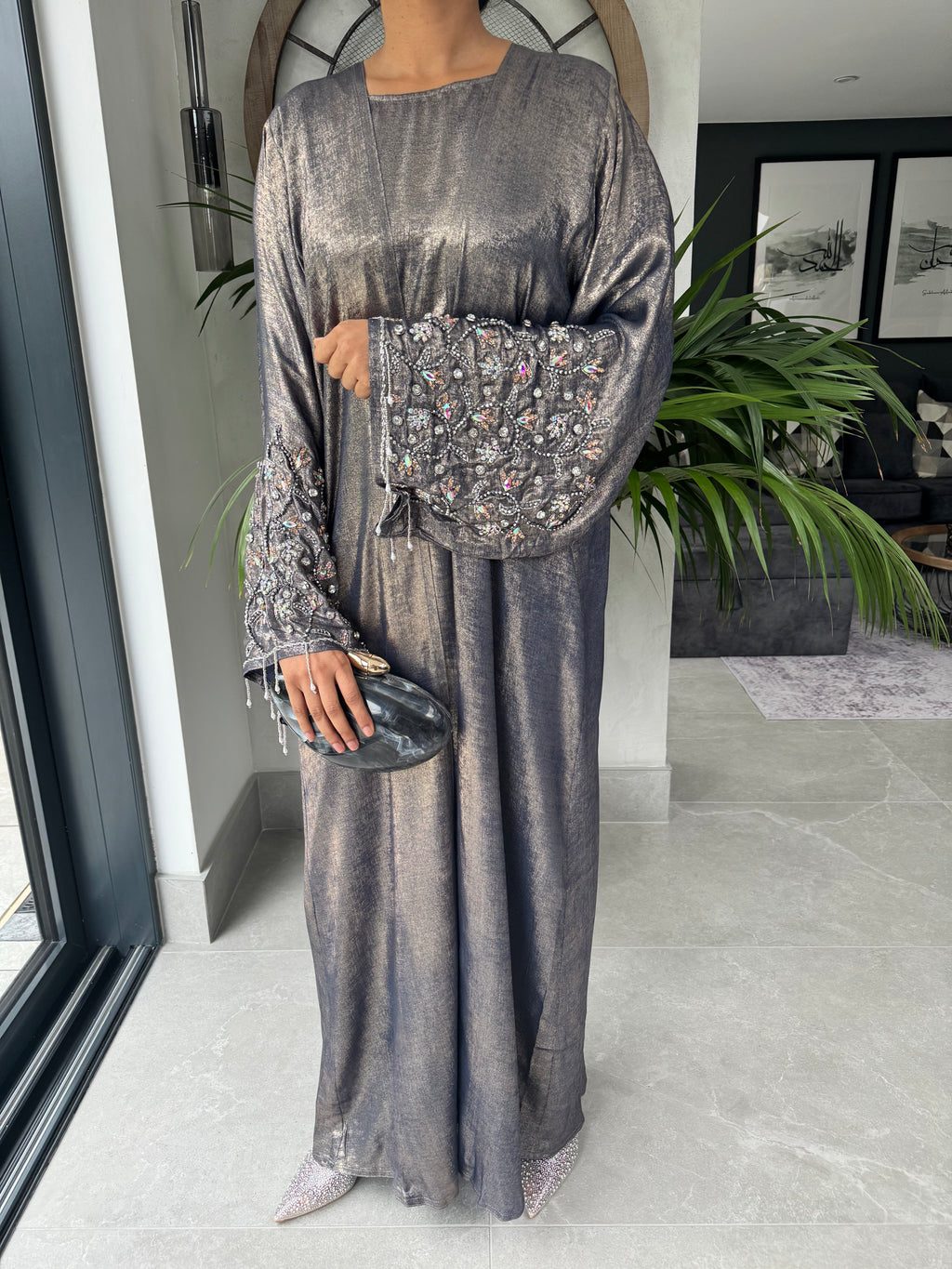 Grey Tone Crystal Embellished Abaya Set | Luxury 4-Piece Modest Outfit