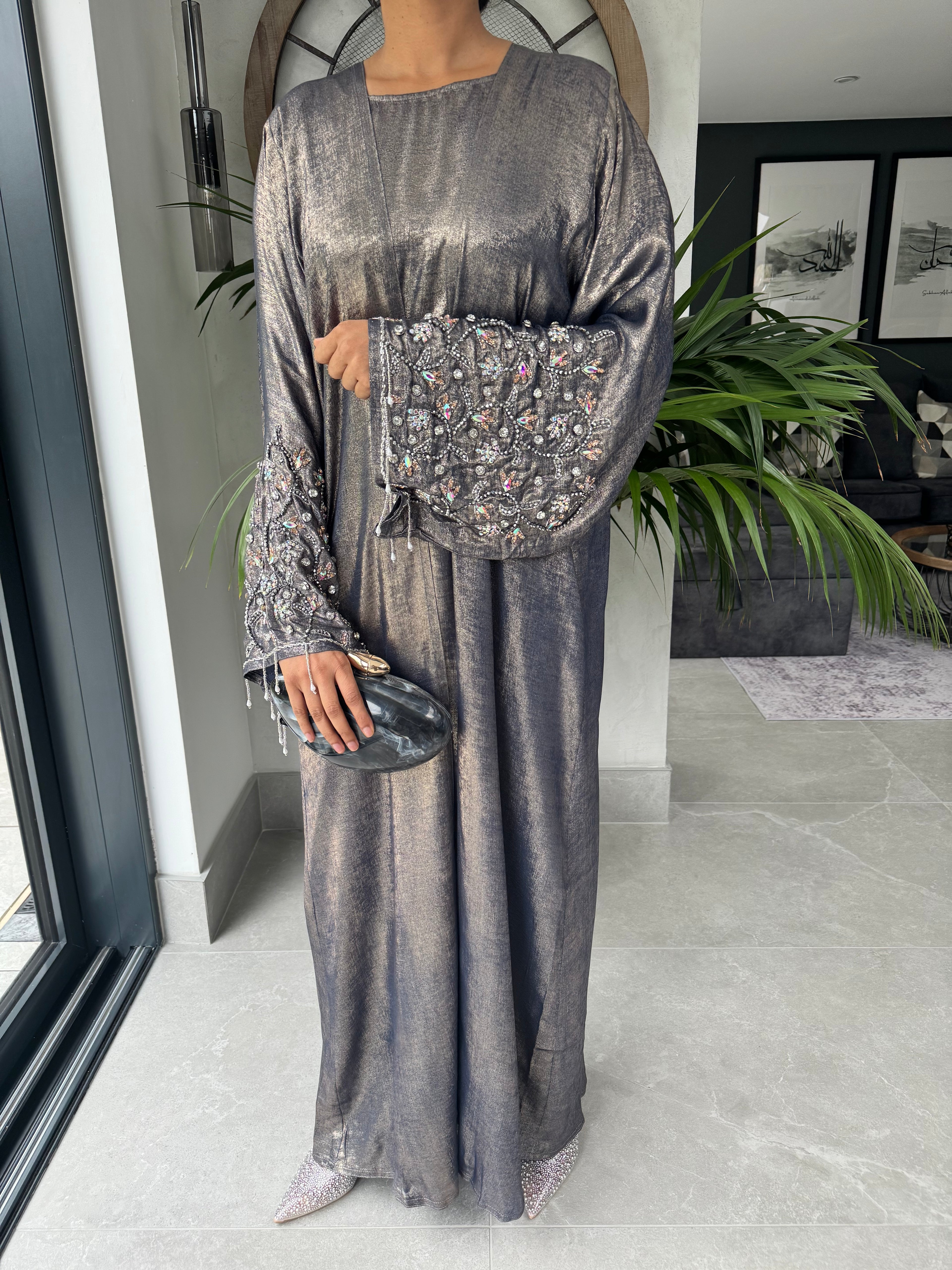 Grey Tone Crystal Embellished Abaya Set | Luxury 4-Piece Modest Outfit