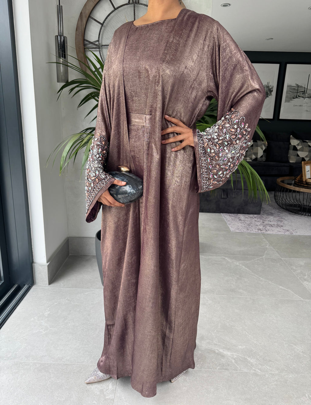 Dusky Pink Tone Crystal Embellished Abaya Set | Luxury 4-Piece Modest Outfit