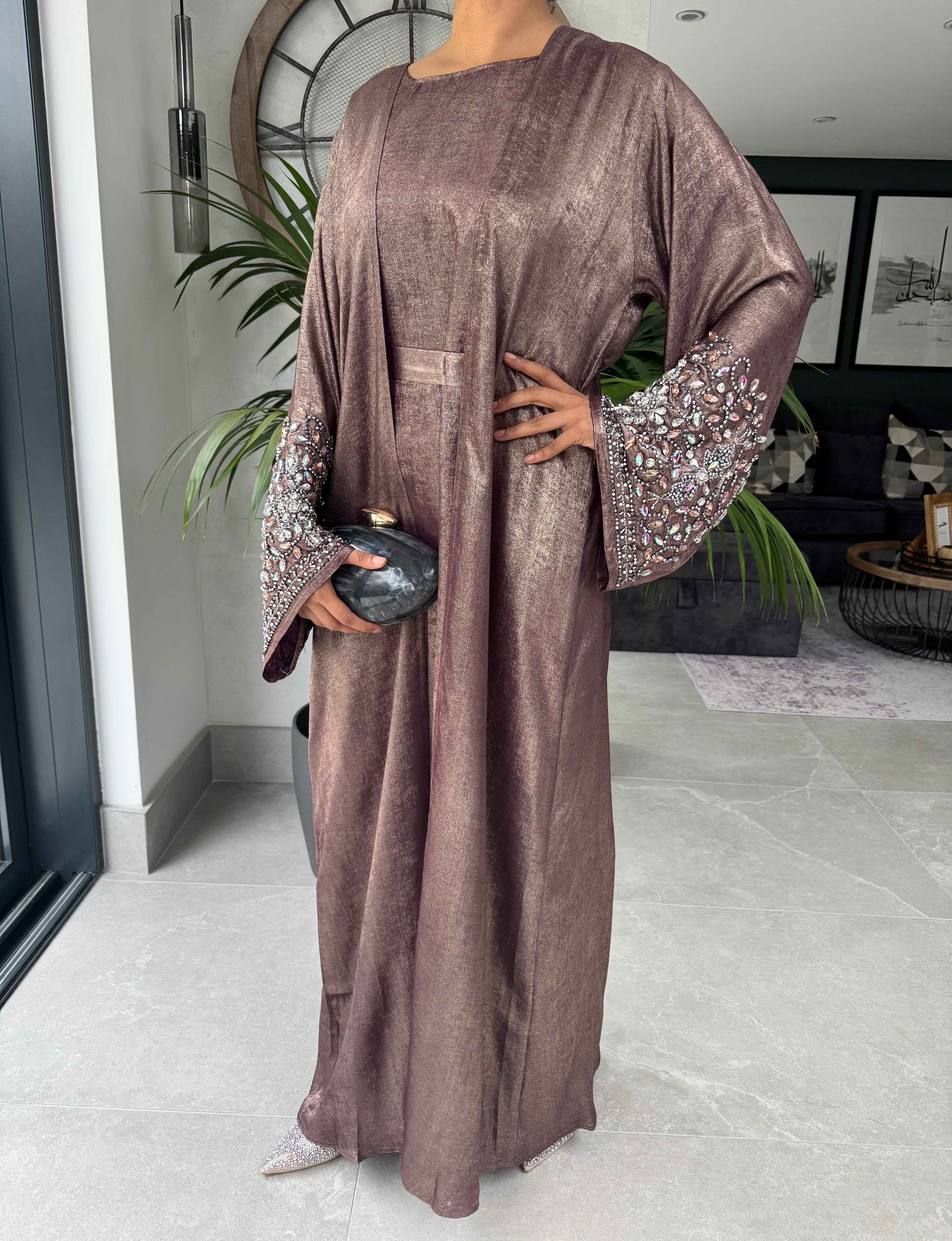 Dusky Pink Tone Crystal Embellished Abaya Set | Luxury 4-Piece Modest Outfit