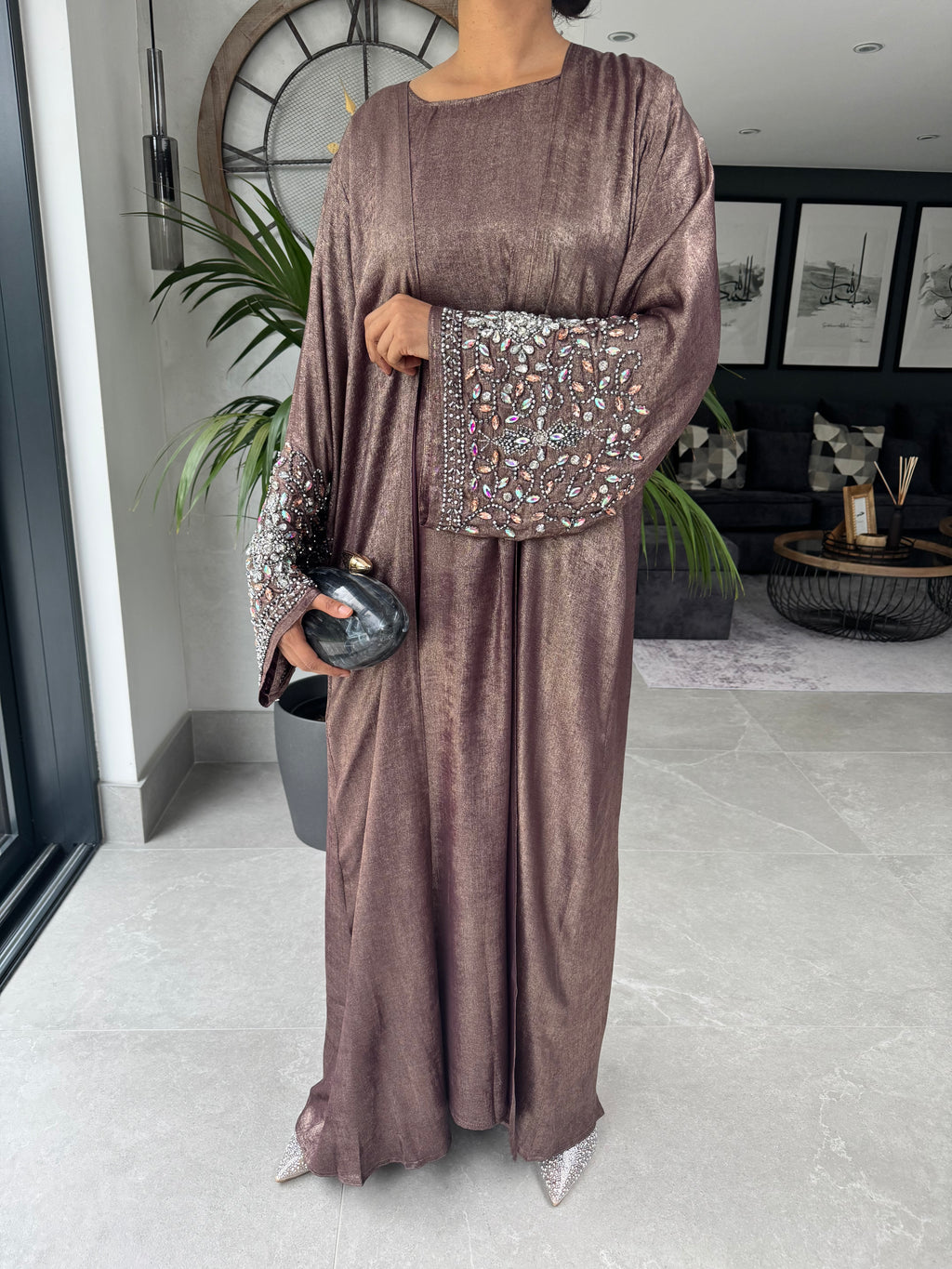 Dusky Pink Tone Crystal Embellished Abaya Set | Luxury 4-Piece Modest Outfit