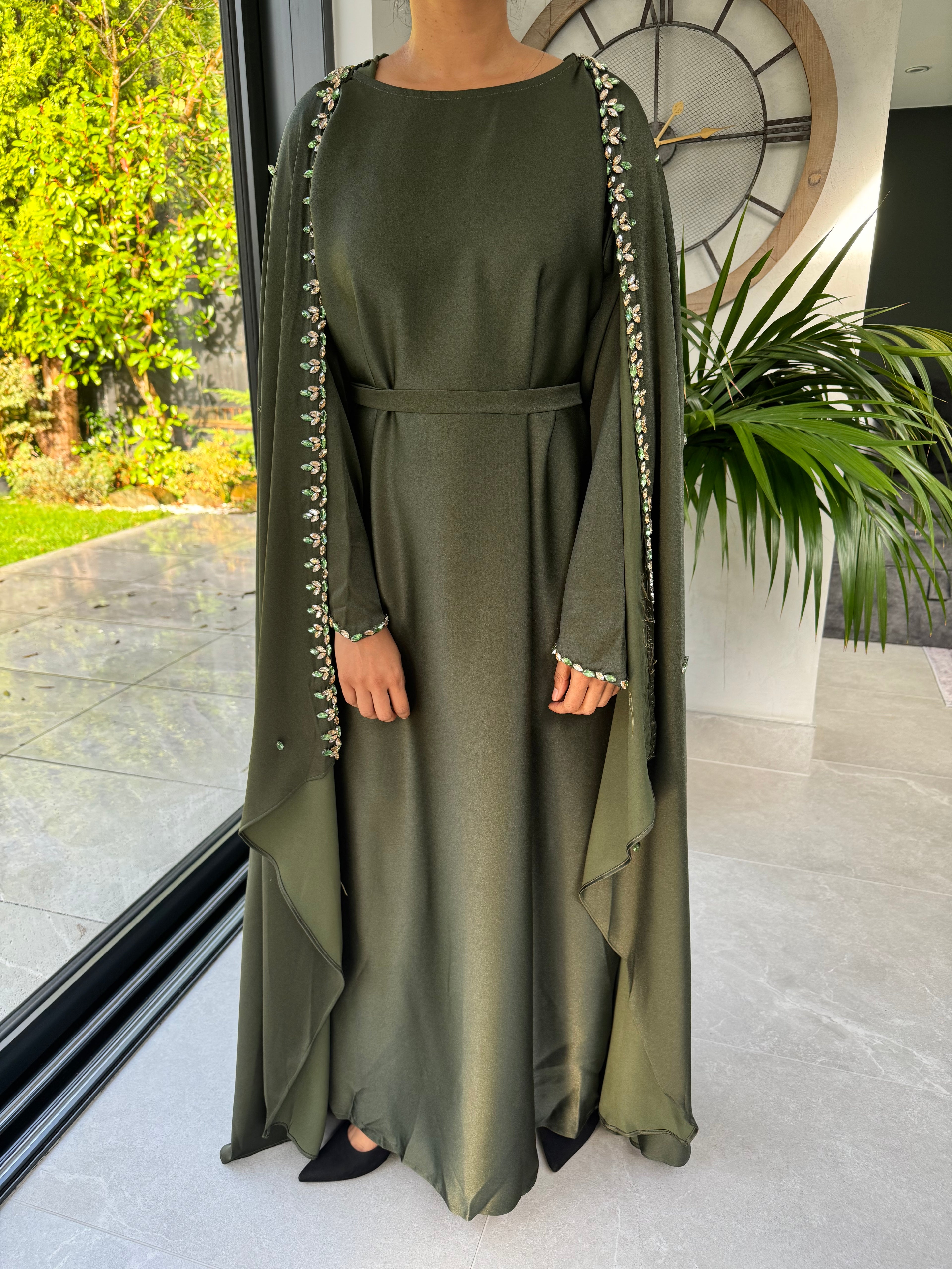 Dark Green Cape Jewelled Abaya