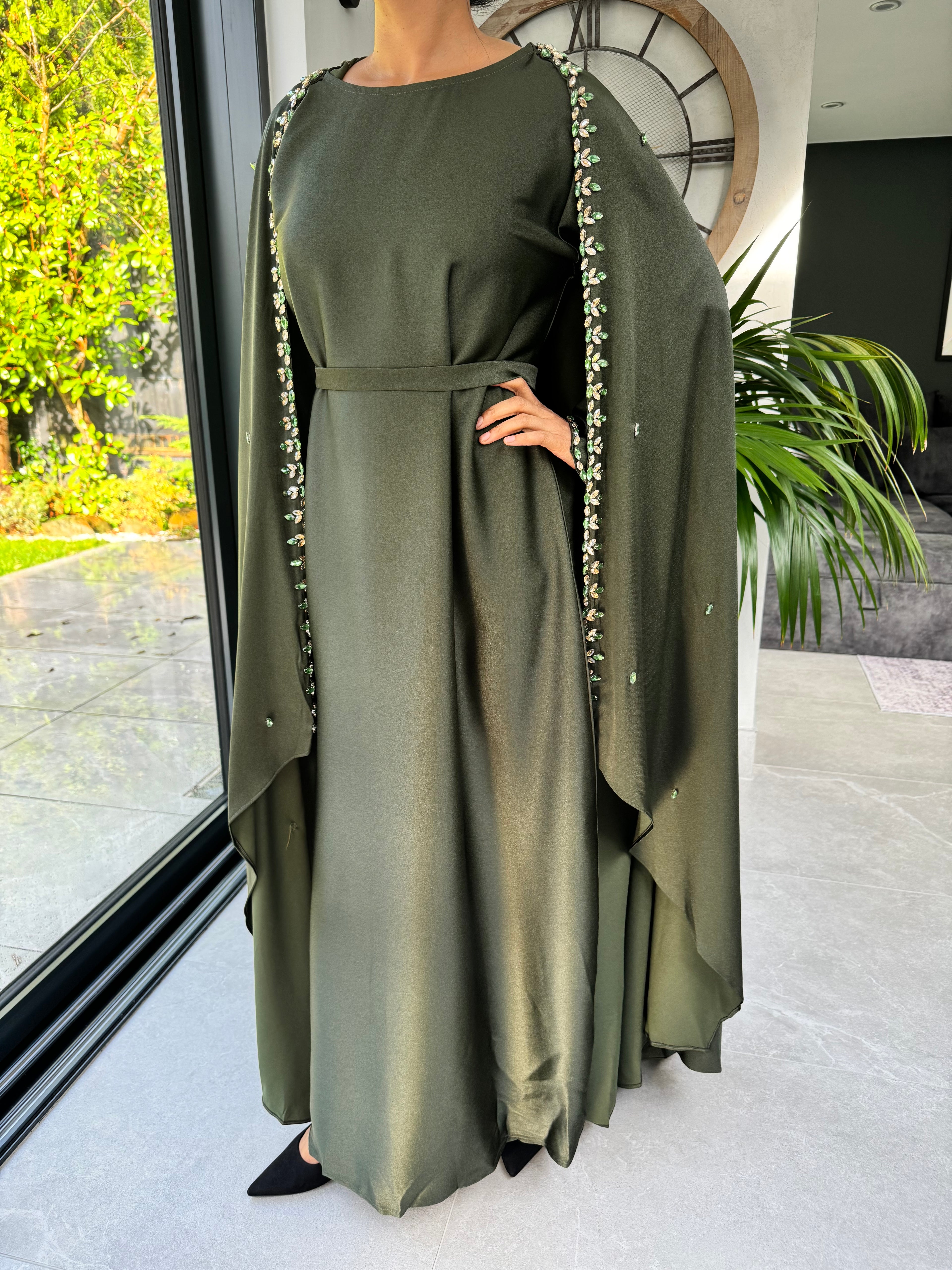 Dark Green Cape Jewelled Abaya