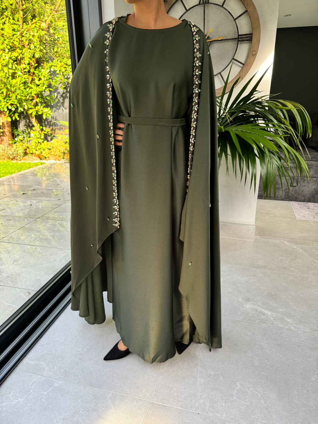 Dark Green Cape Jewelled Abaya