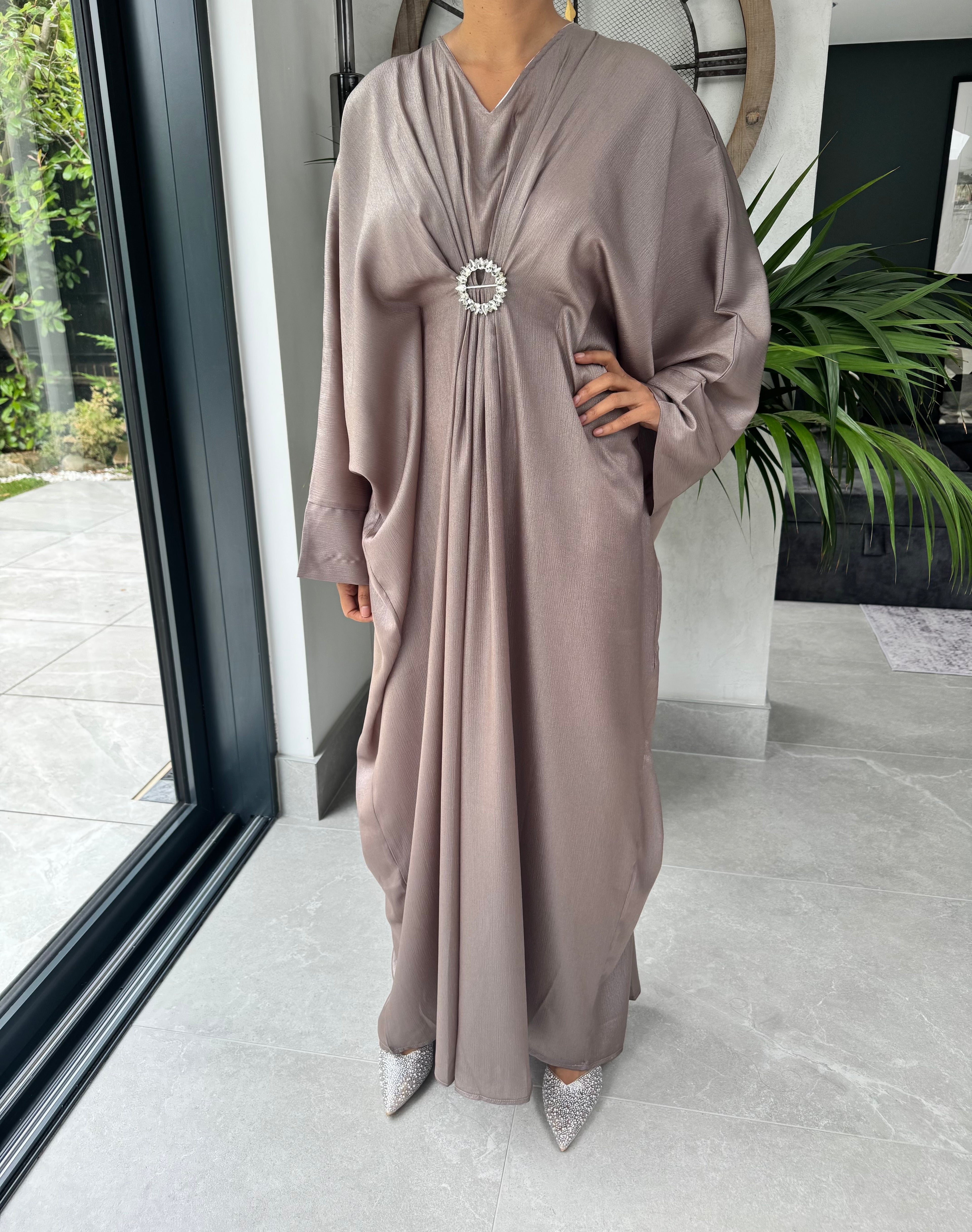 Butterfly Style Abaya with Hidden Inner Belt & Crystal Brooch