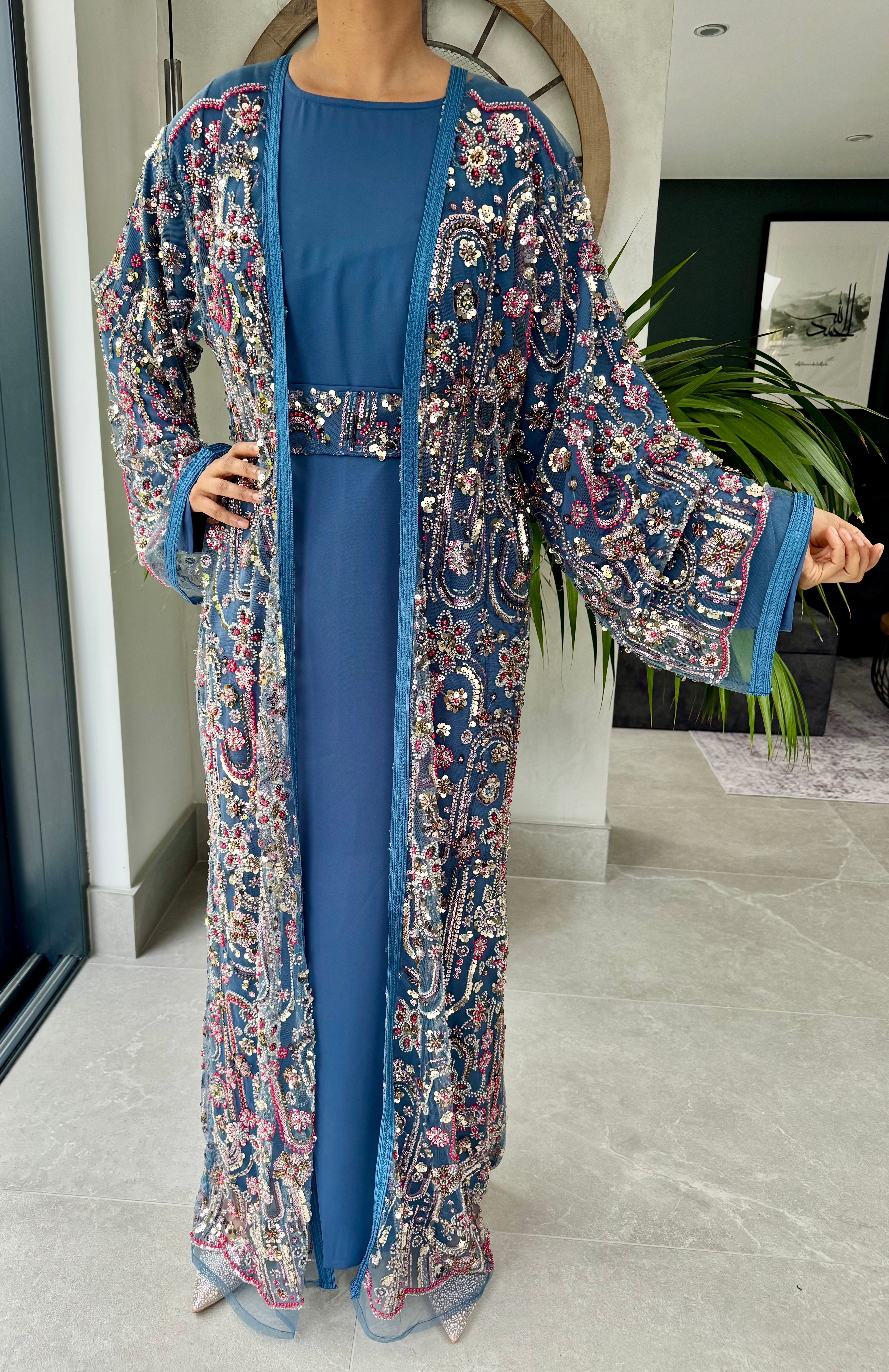 Luxe Blue Heavily Embellished 4-Piece Abaya Set