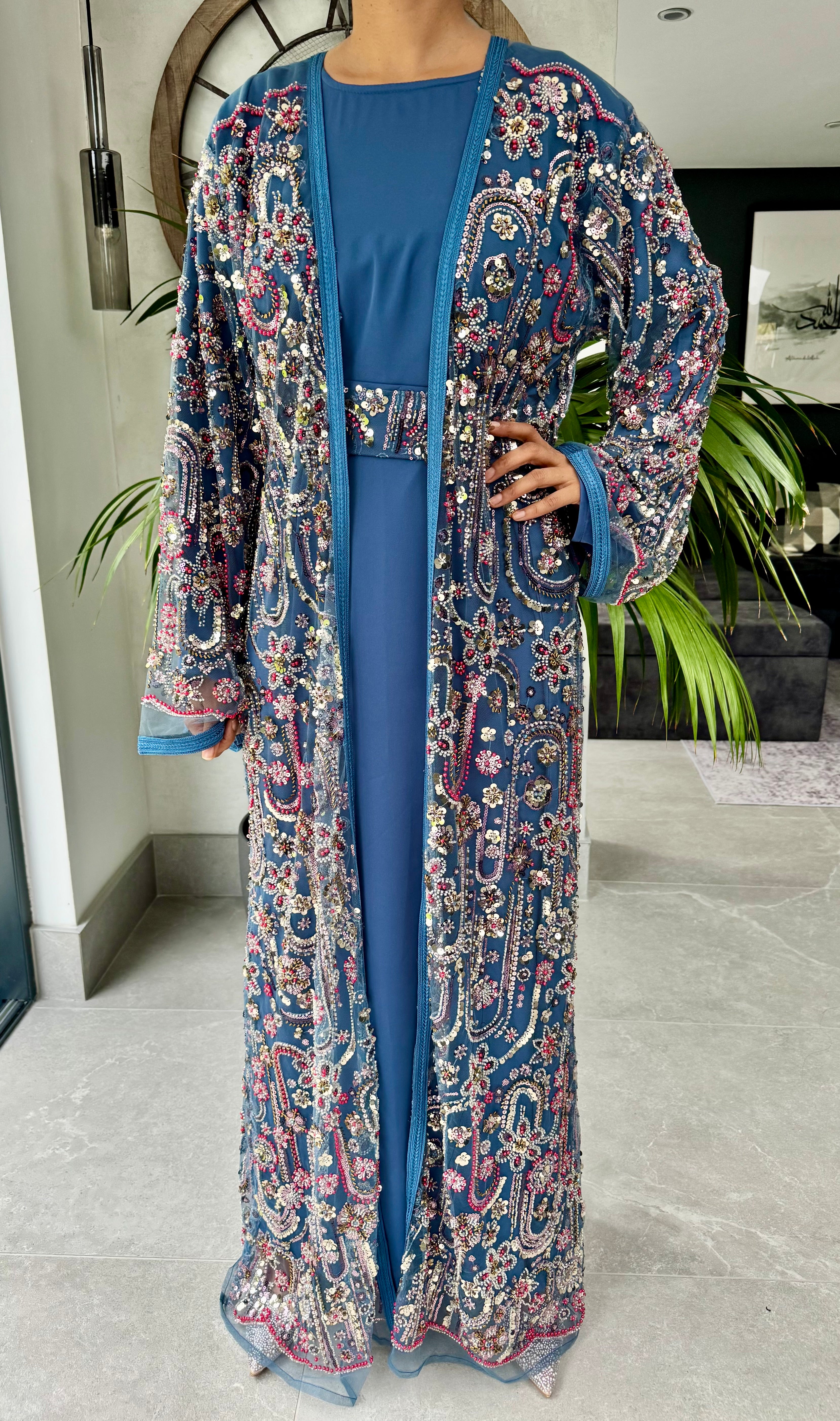 Luxe Blue Heavily Embellished 4-Piece Abaya Set