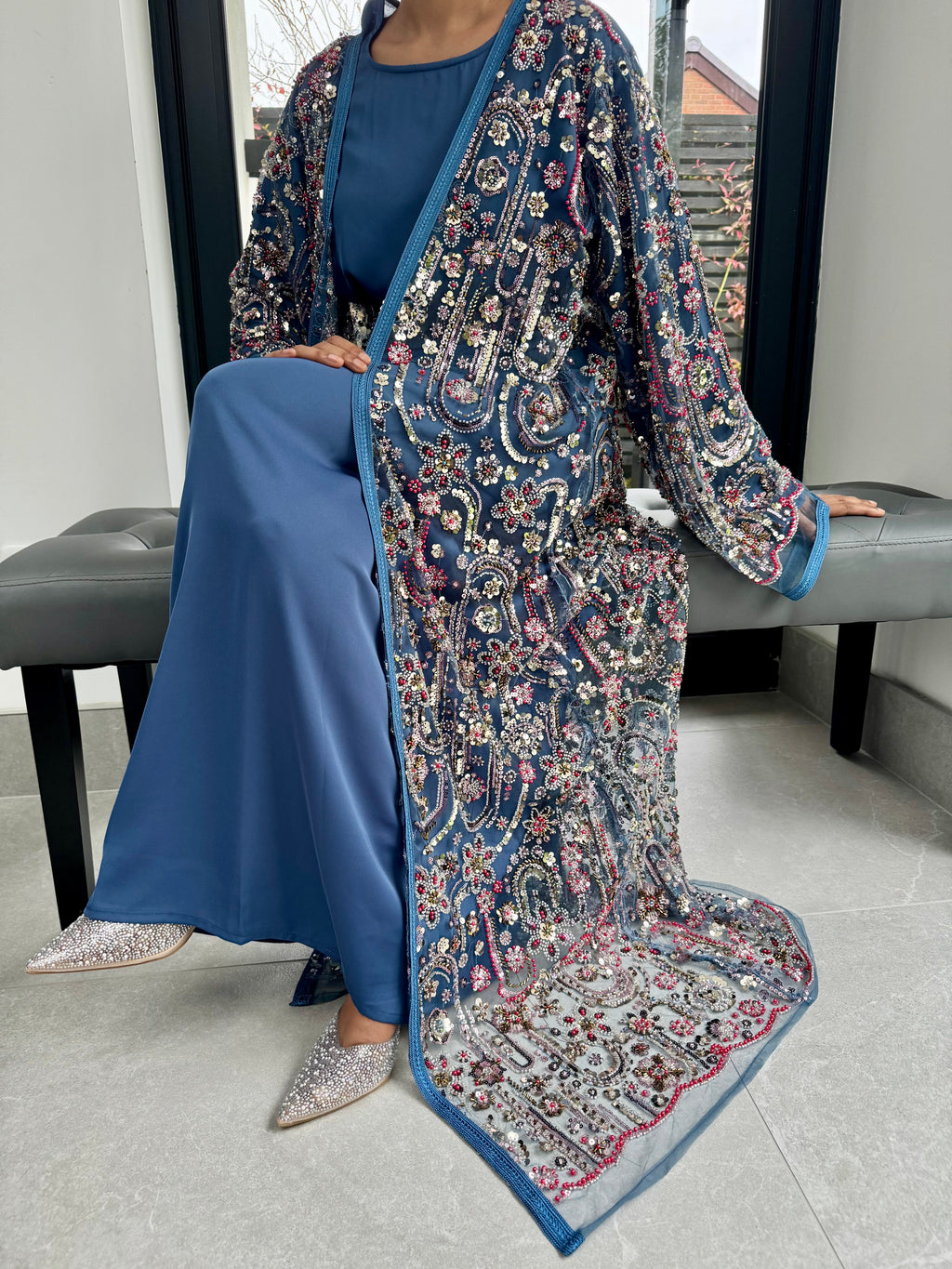 Luxe Blue Heavily Embellished 4-Piece Abaya Set