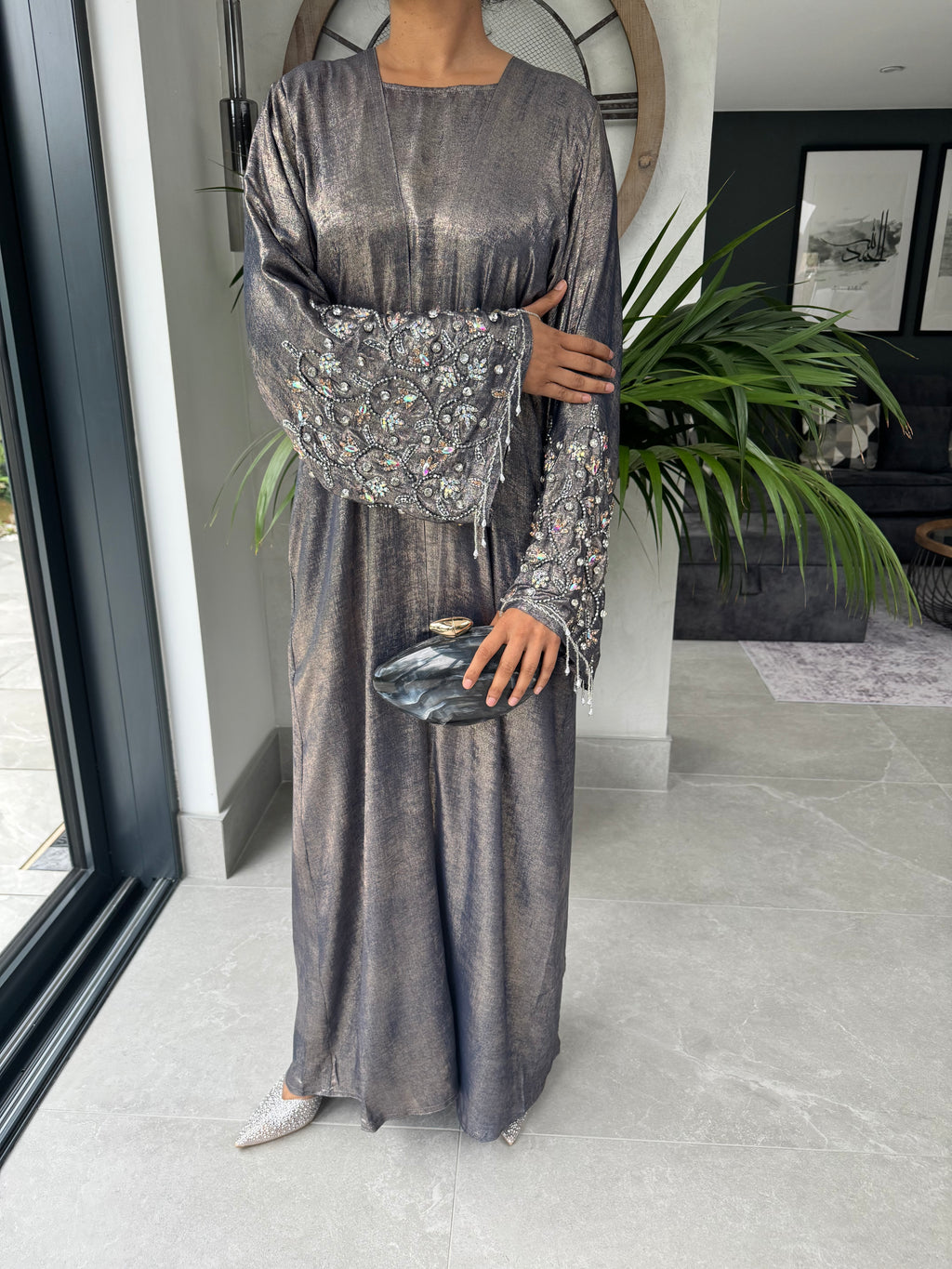 Grey Tone Crystal Embellished Abaya Set | Luxury 4-Piece Modest Outfit