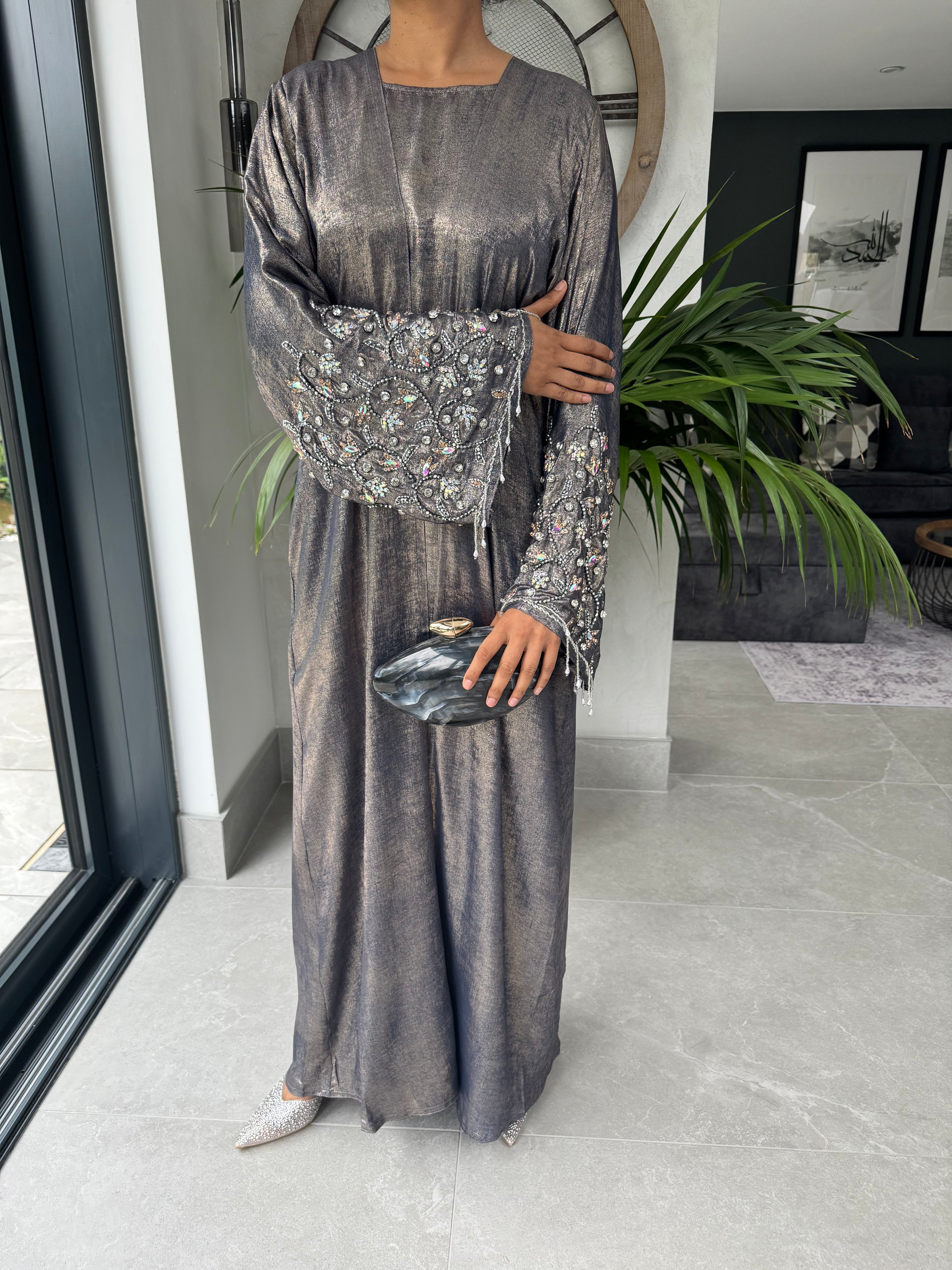 Grey Tone Crystal Embellished Abaya Set | Luxury 4-Piece Modest Outfit
