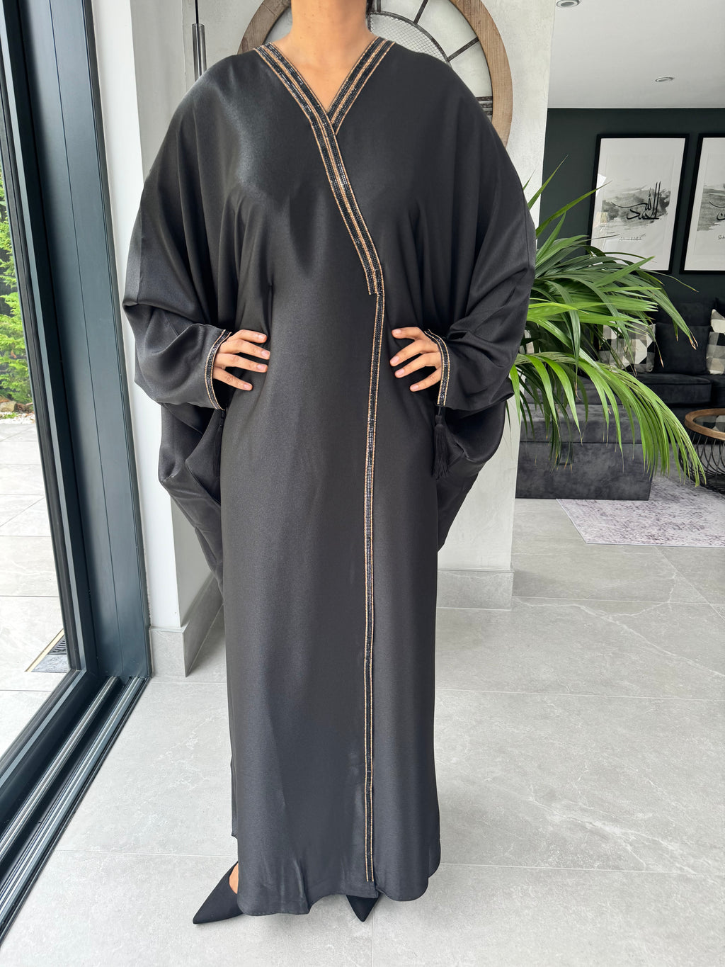 Black Abaya with Front Slit | Adjustable Waist Modest Dress