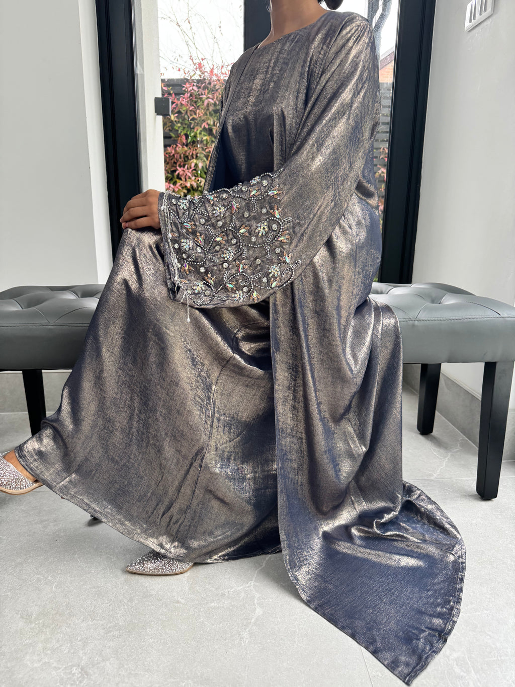 Grey Tone Crystal Embellished Abaya Set | Luxury 4-Piece Modest Outfit