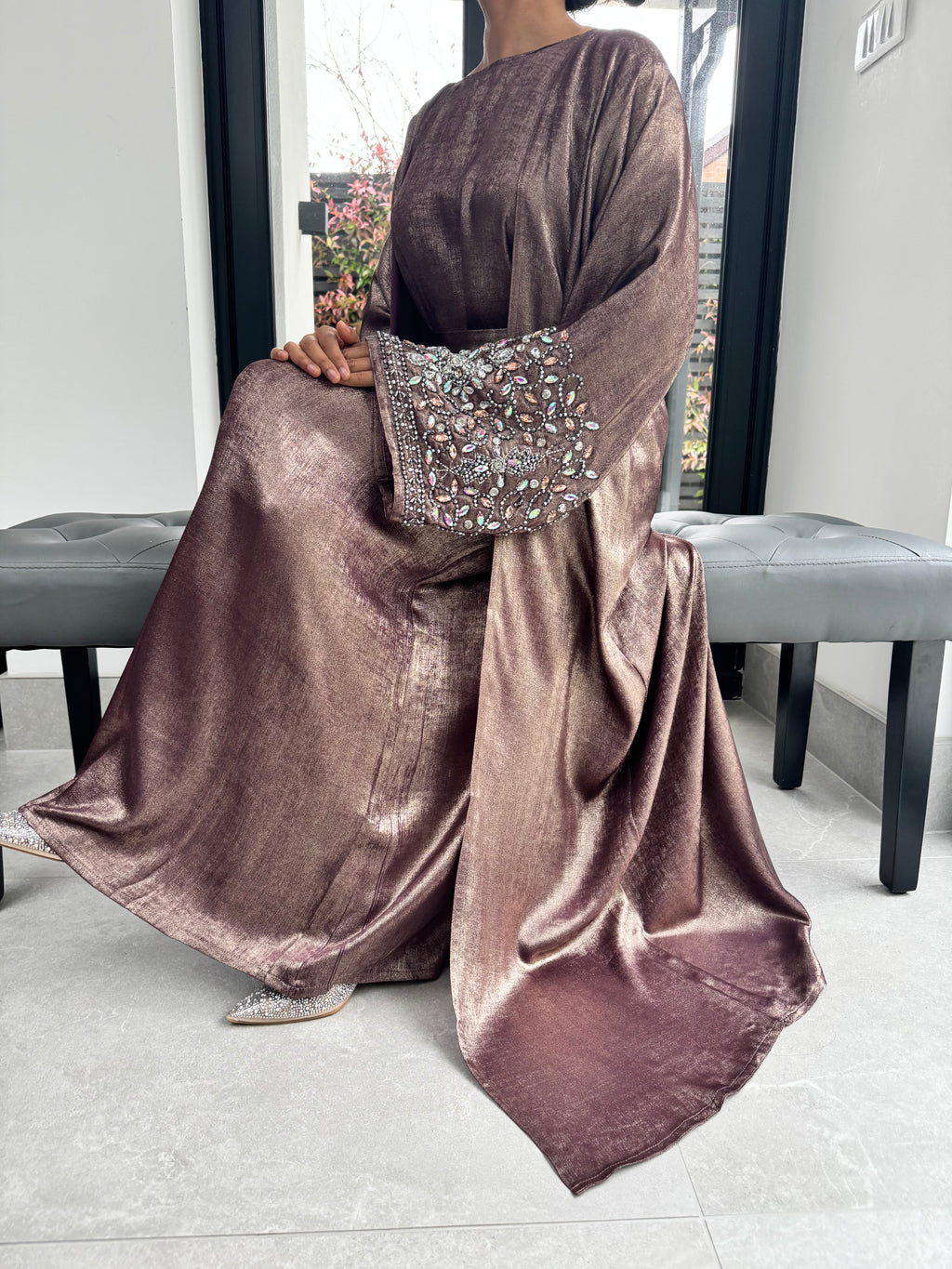 Dusky Pink Tone Crystal Embellished Abaya Set | Luxury 4-Piece Modest Outfit