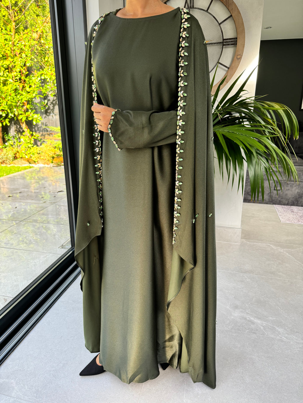 Dark Green Cape Jewelled Abaya