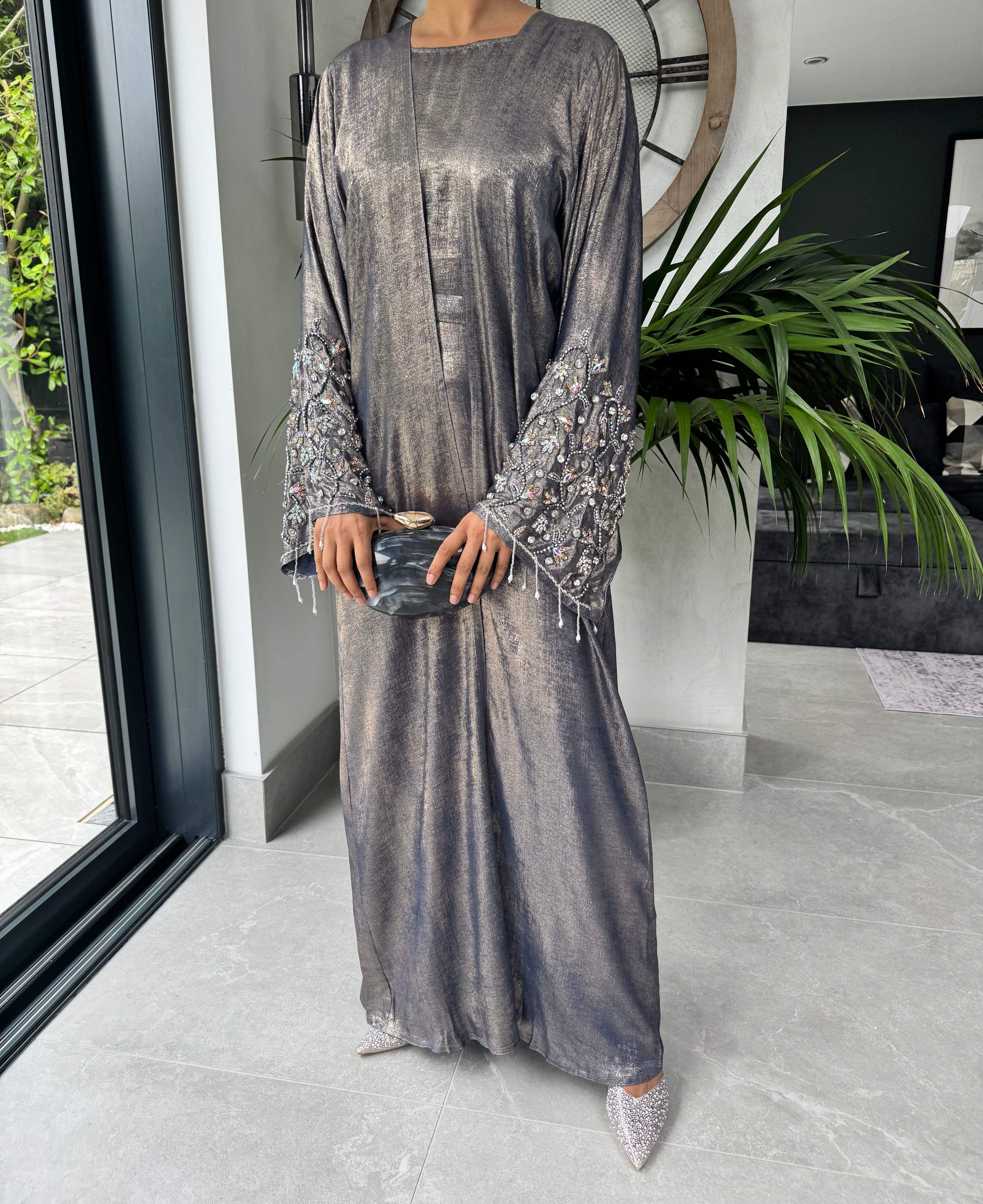 Grey Tone Crystal Embellished Abaya Set | Luxury 4-Piece Modest Outfit