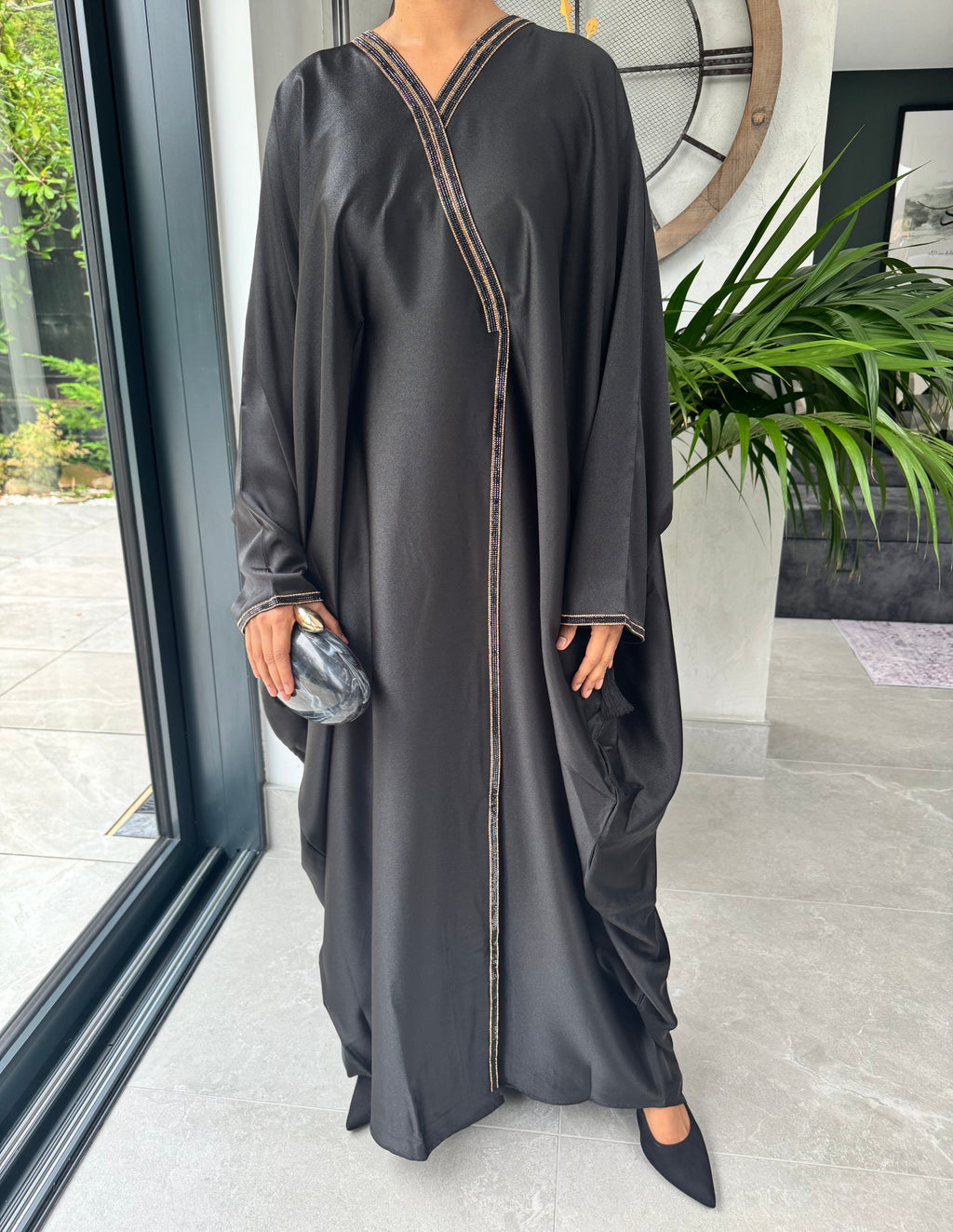 Black Abaya with Front Slit | Adjustable Waist Modest Dress