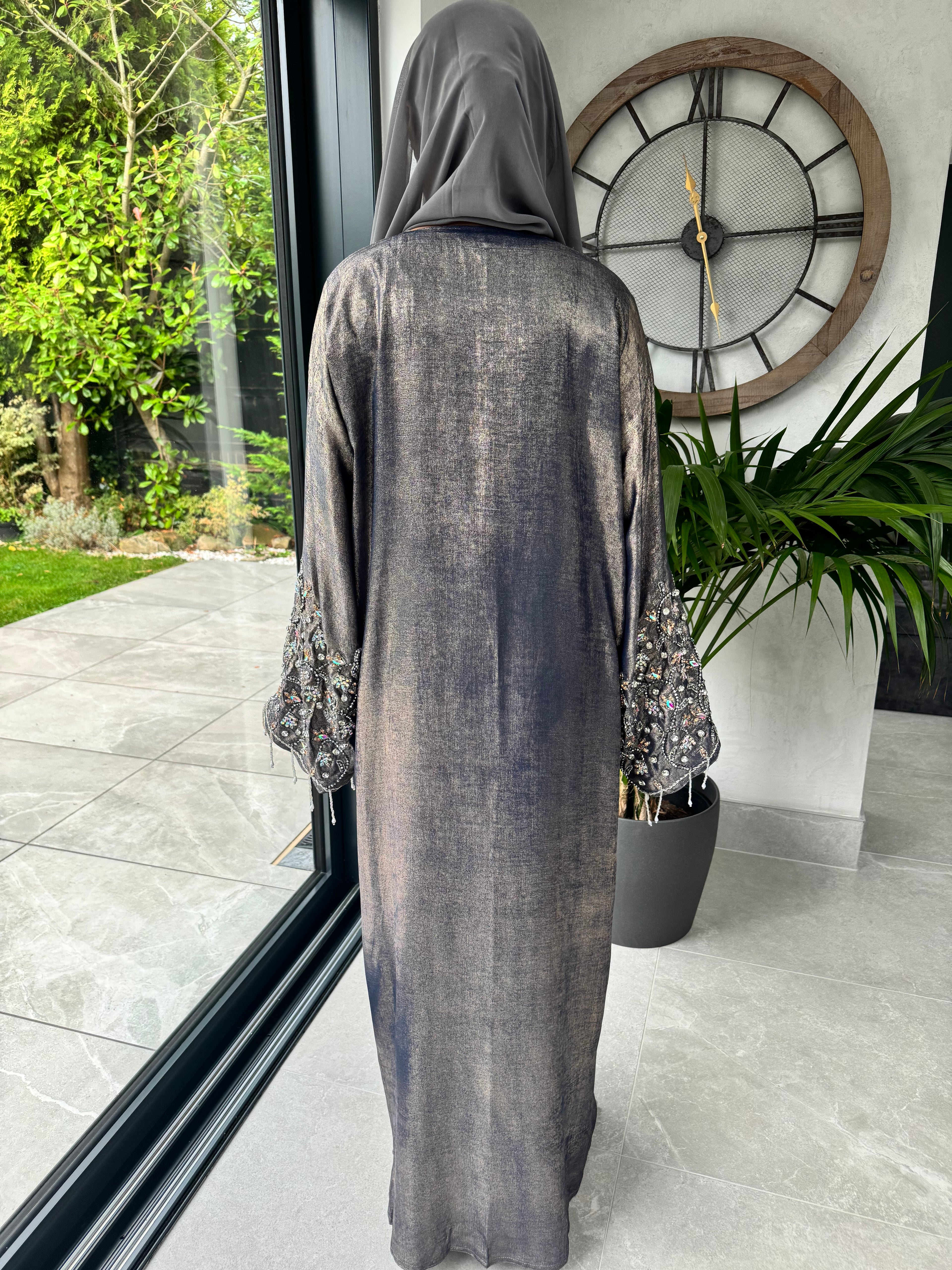 Grey Tone Crystal Embellished Abaya Set | Luxury 4-Piece Modest Outfit