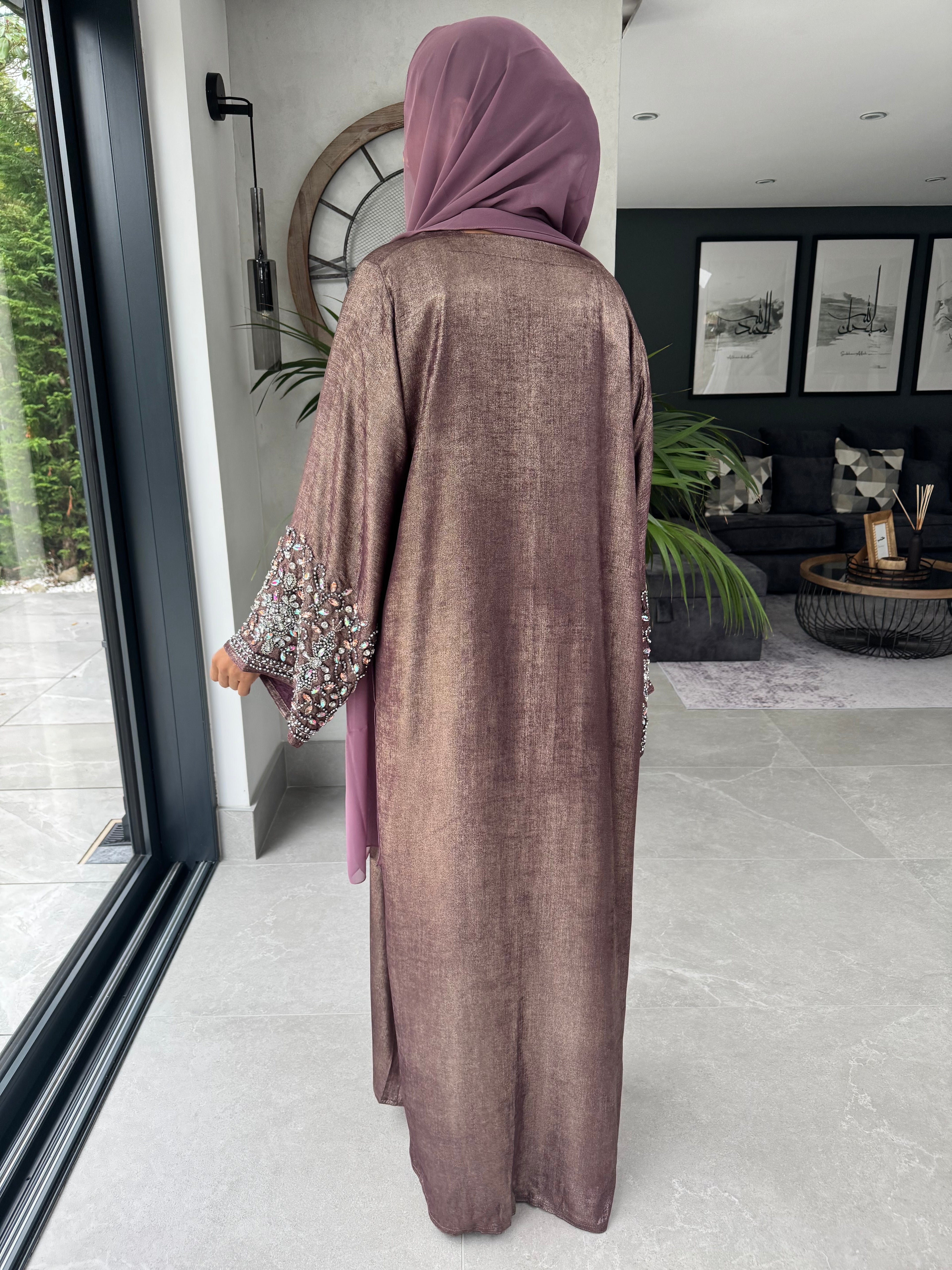 Dusky Pink Tone Crystal Embellished Abaya Set | Luxury 4-Piece Modest Outfit