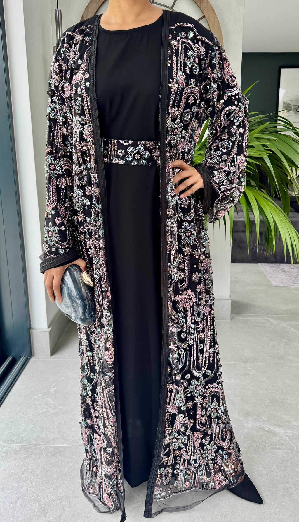 Luxe Black Heavily Embellished 4-Piece Abaya Set