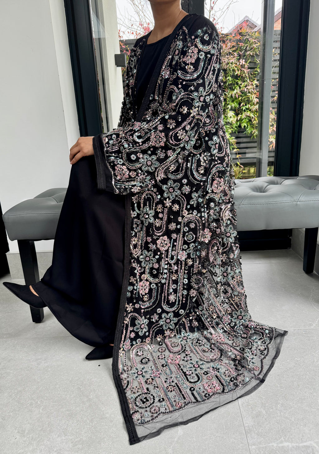 Luxe Black Heavily Embellished 4-Piece Abaya Set