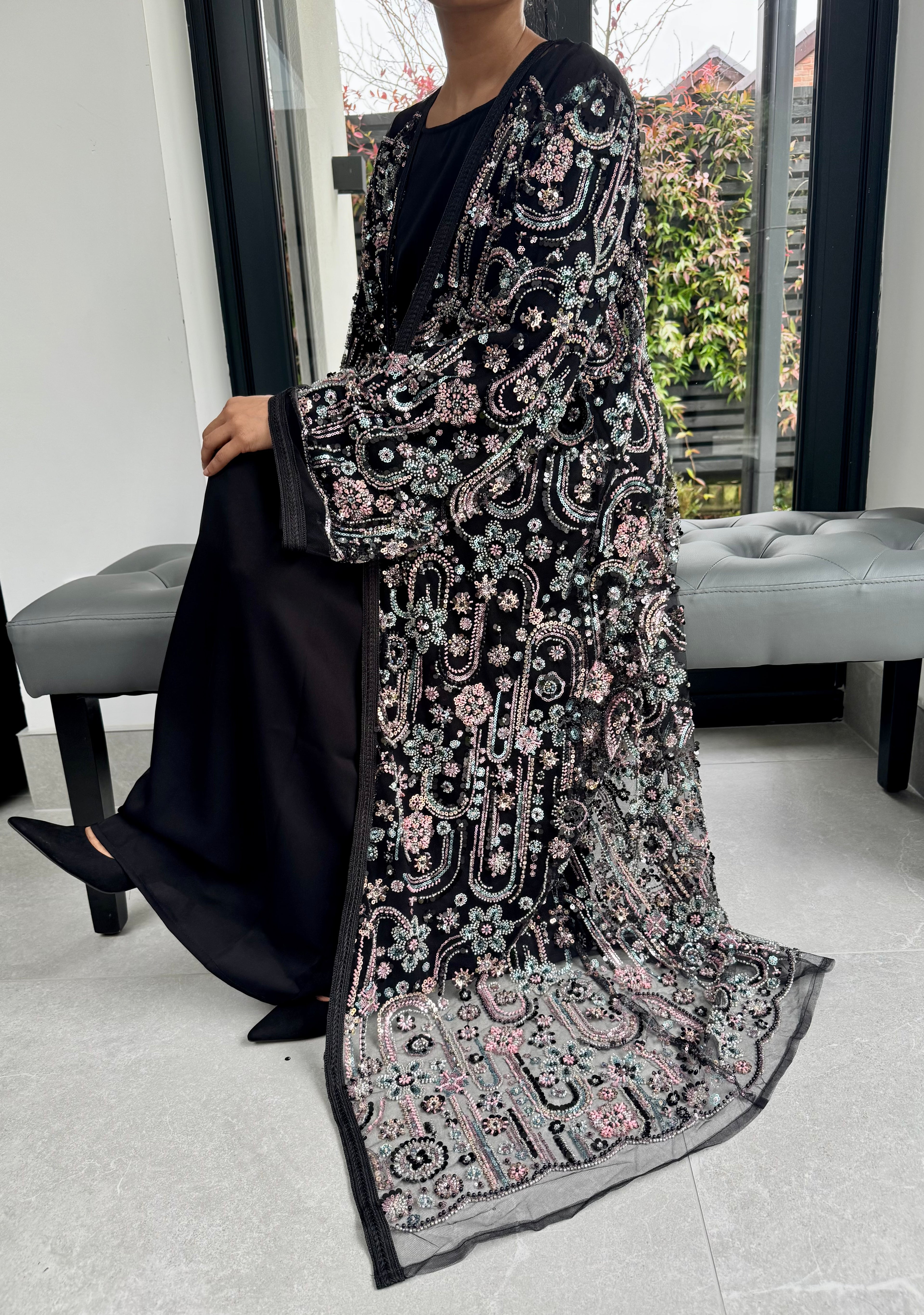 Luxe Black Heavily Embellished 4-Piece Abaya Set