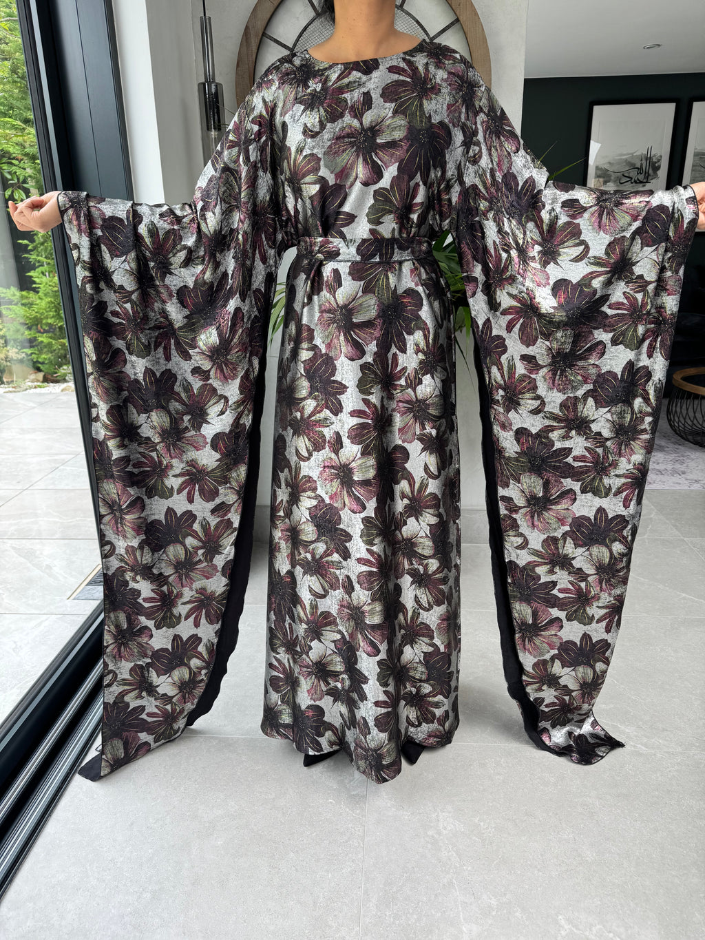 Shiny Floral Print Maxi Dress with Statement Sleeves