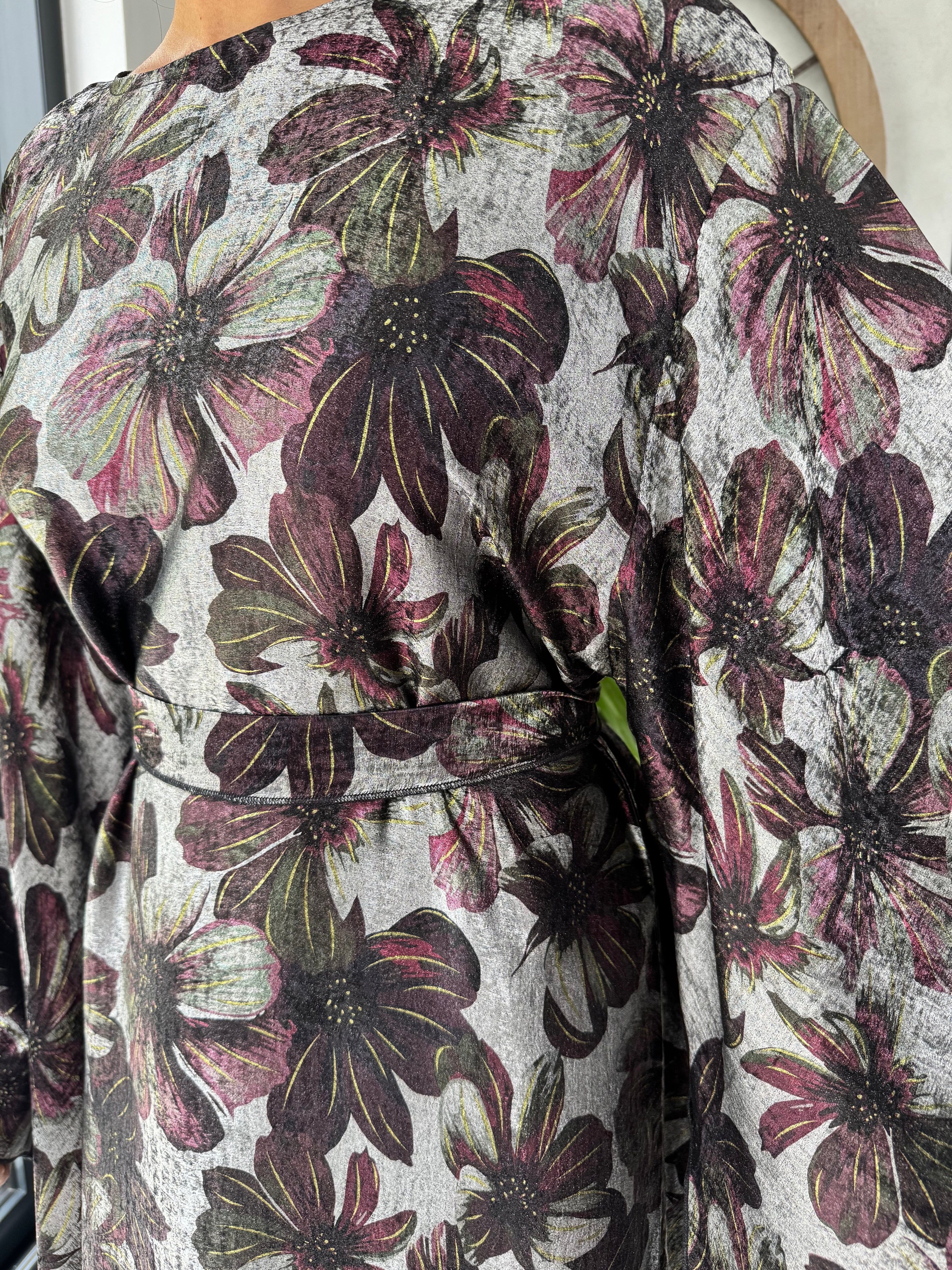 Shiny Floral Print Maxi Dress with Statement Sleeves