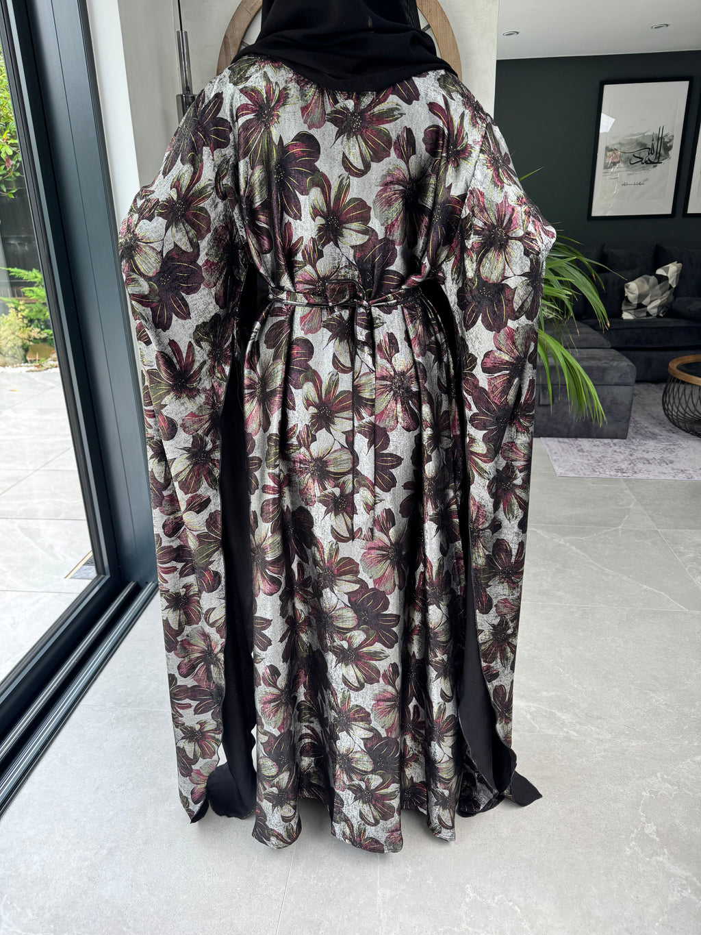 Shiny Floral Print Maxi Dress with Statement Sleeves