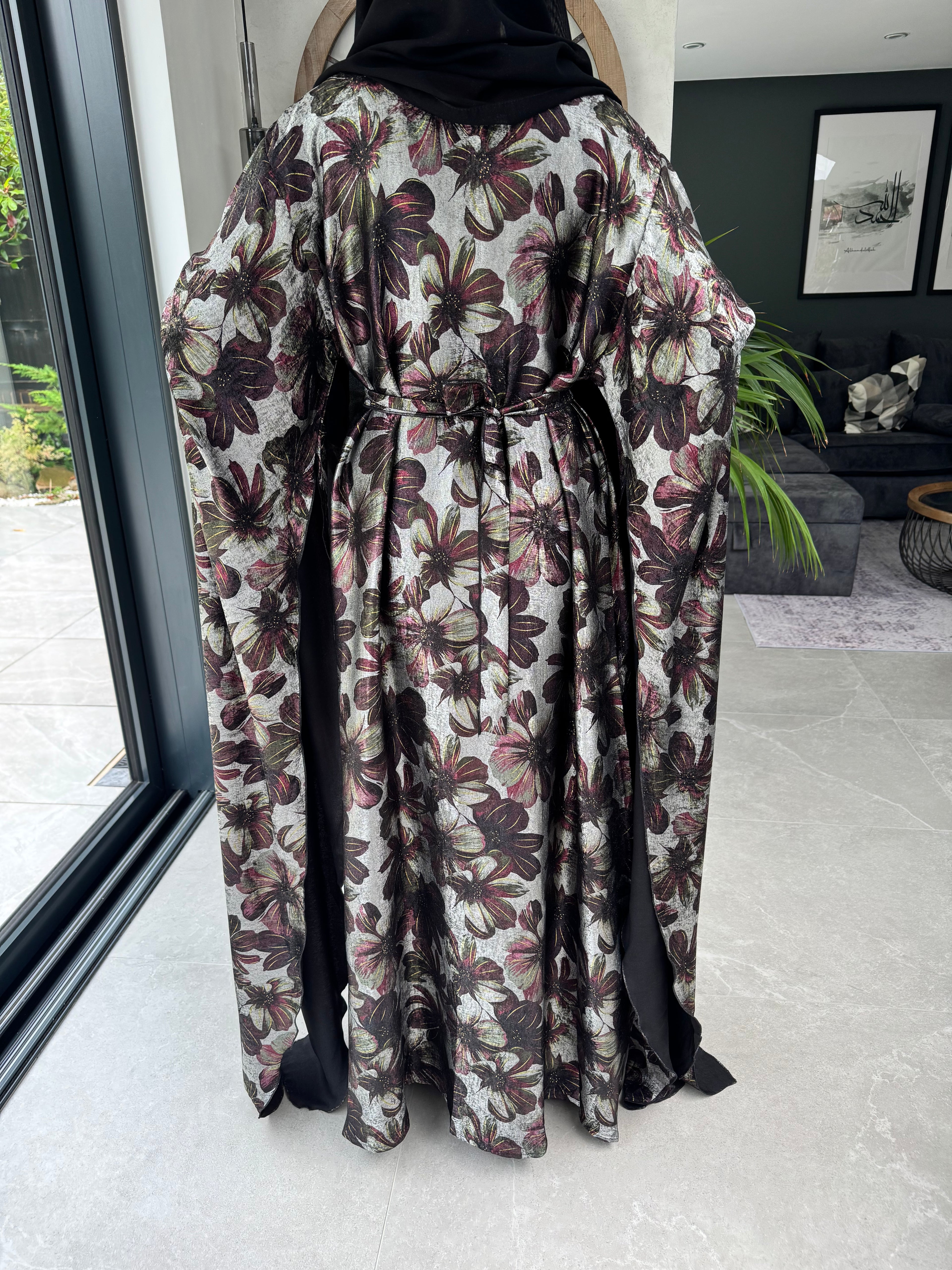 Shiny Floral Print Maxi Dress with Statement Sleeves