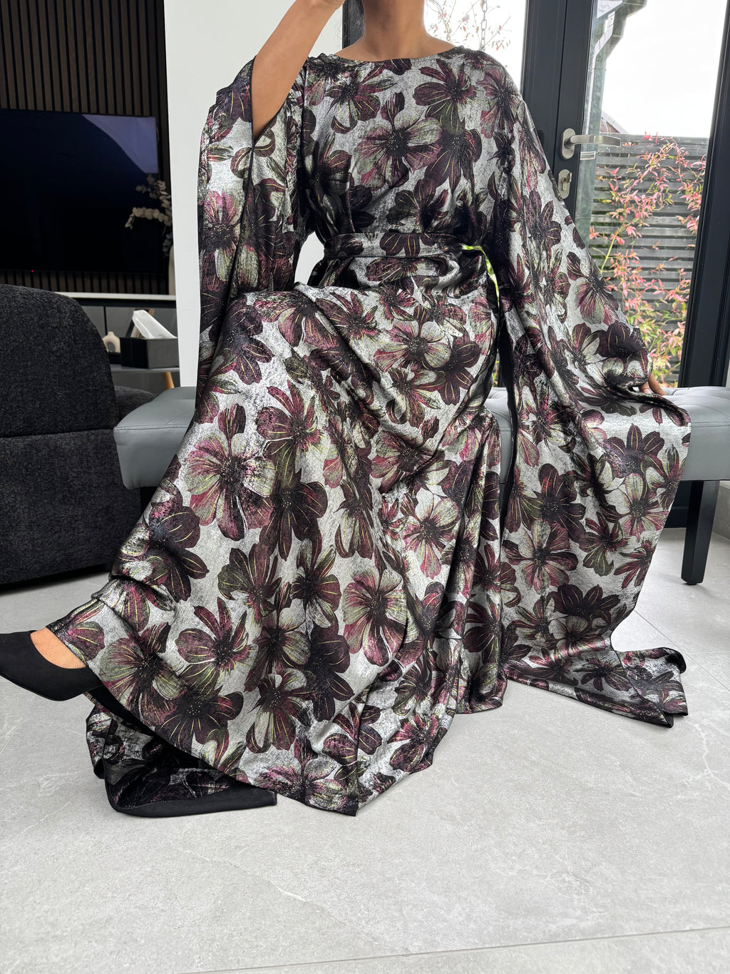 Shiny Floral Print Maxi Dress with Statement Sleeves