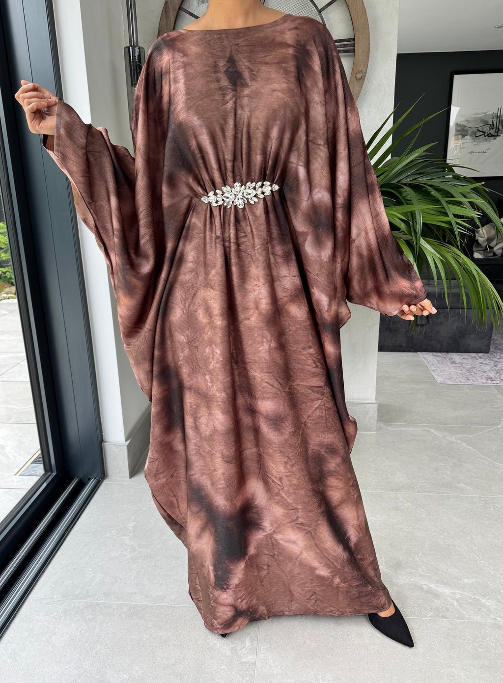 Crystal Embellished Kimono Abaya With Adjustable Concealed Inner Belt