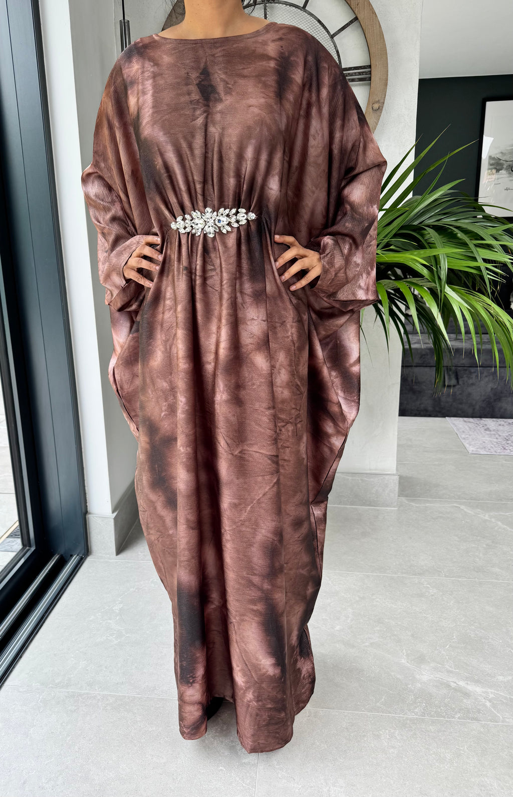 Crystal Embellished Kimono Abaya With Adjustable Concealed Inner Belt