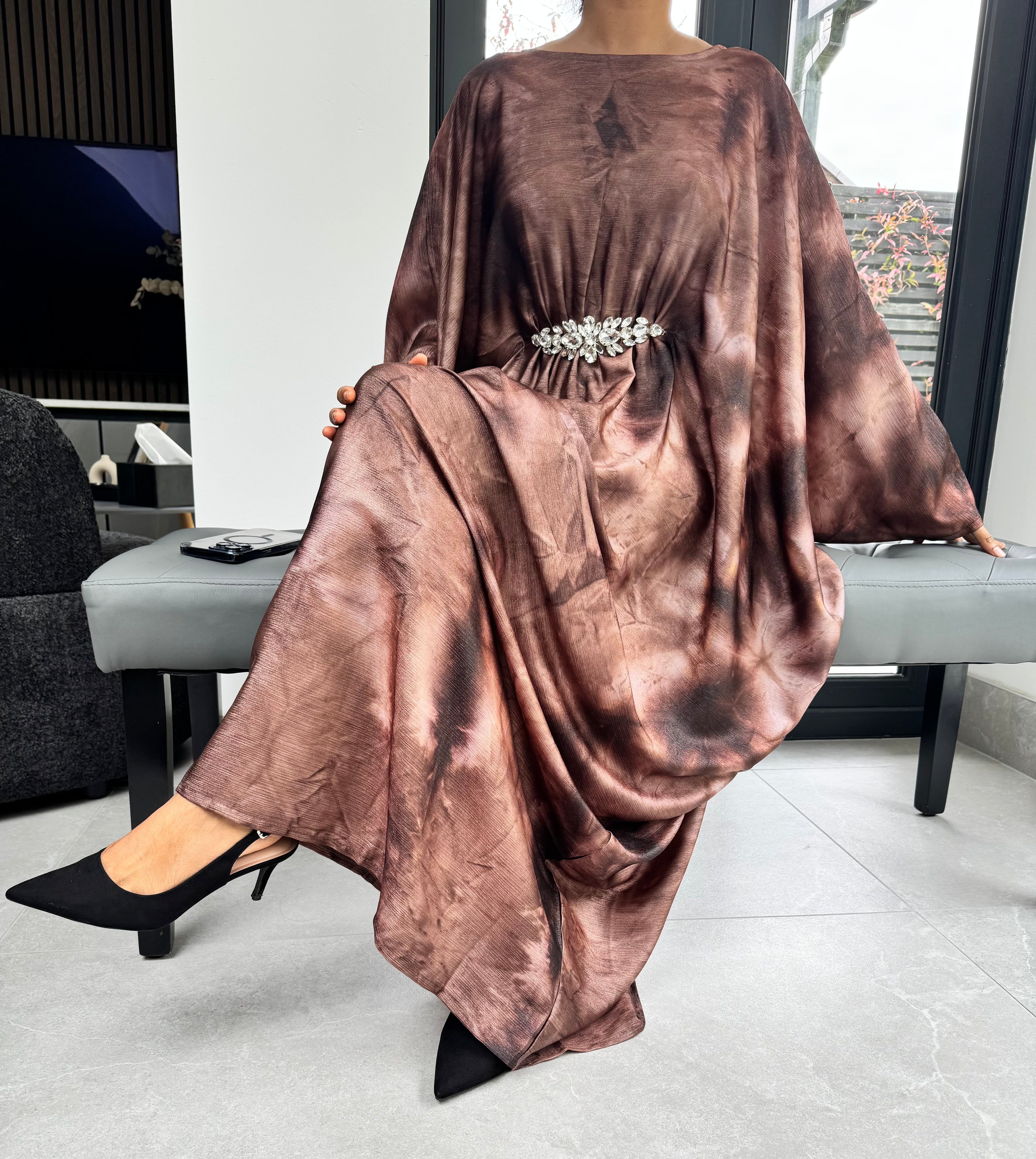 Crystal Embellished Kimono Abaya With Adjustable Concealed Inner Belt