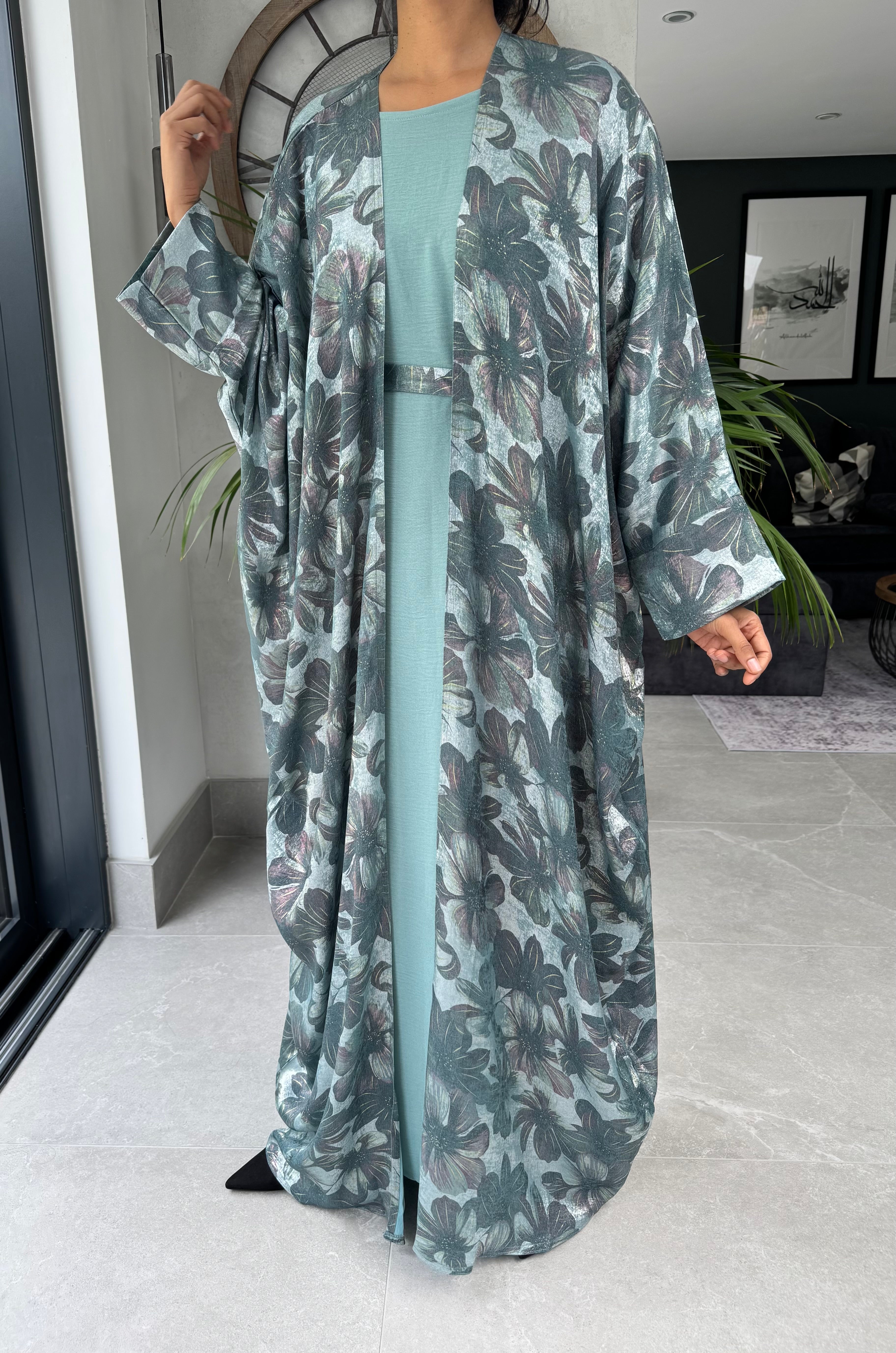 Floral Shiny Print Four Piece Abaya Set