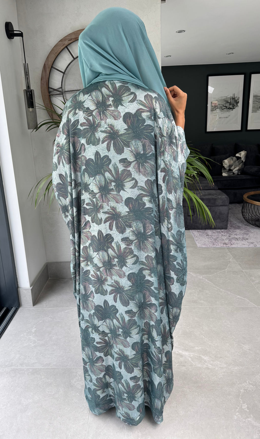 Floral Shiny Print Four Piece Abaya Set