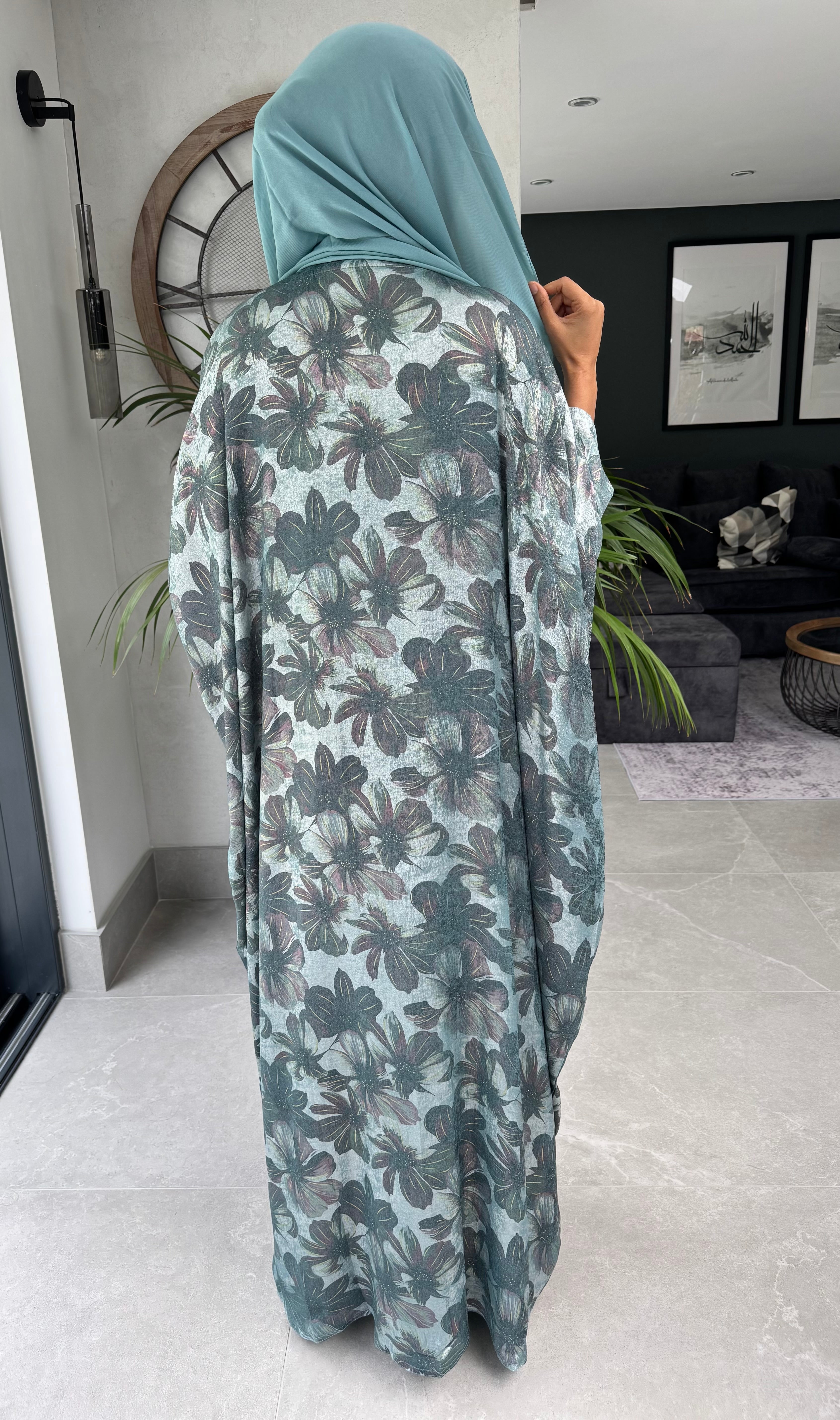 Floral Shiny Print Four Piece Abaya Set