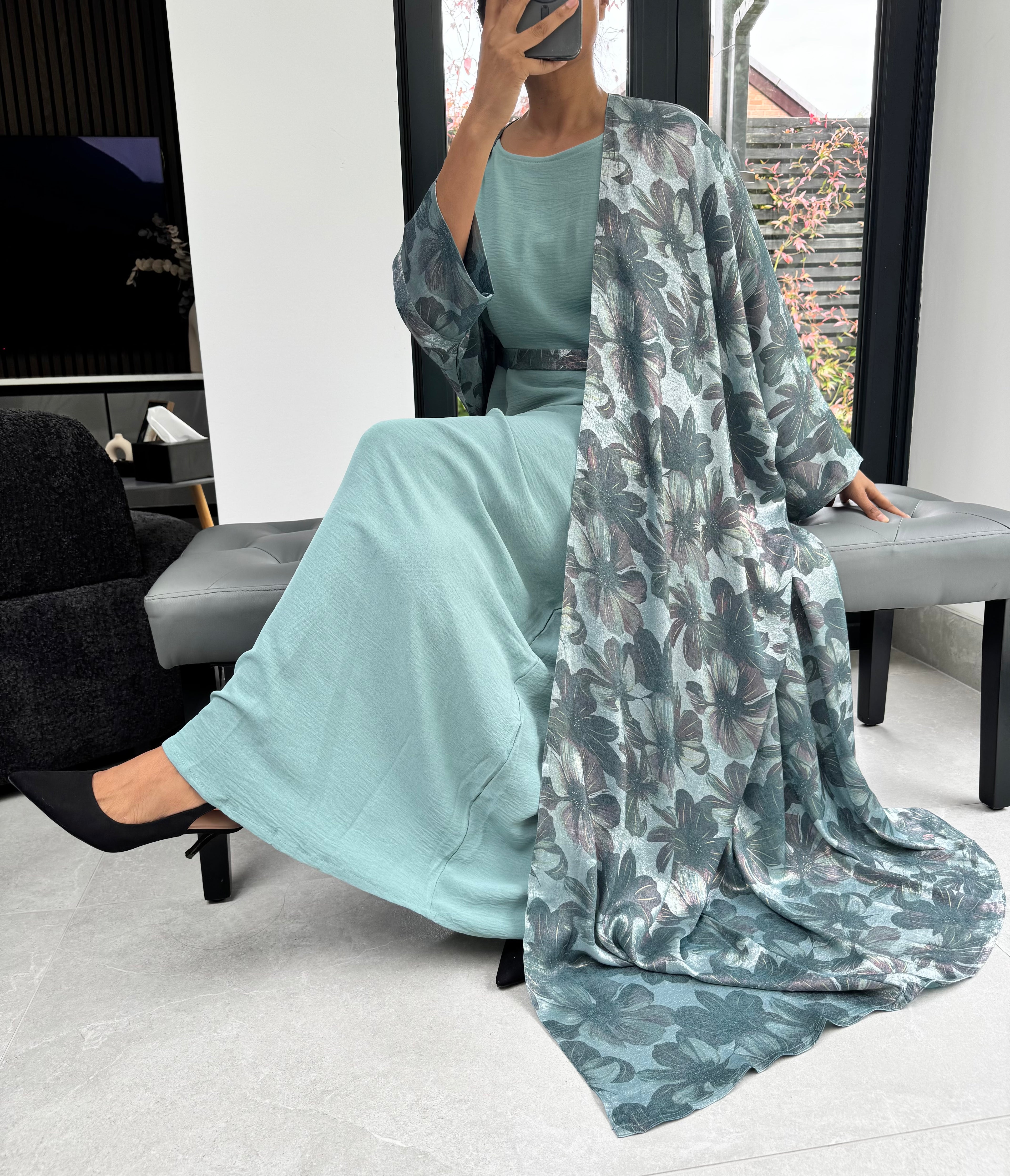 Floral Shiny Print Four Piece Abaya Set