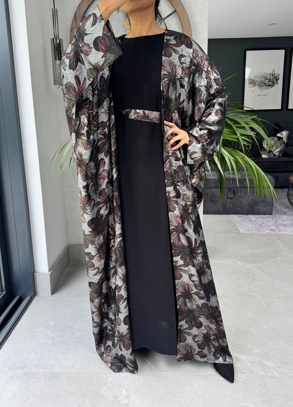 Black Floral Four Piece Abaya Set