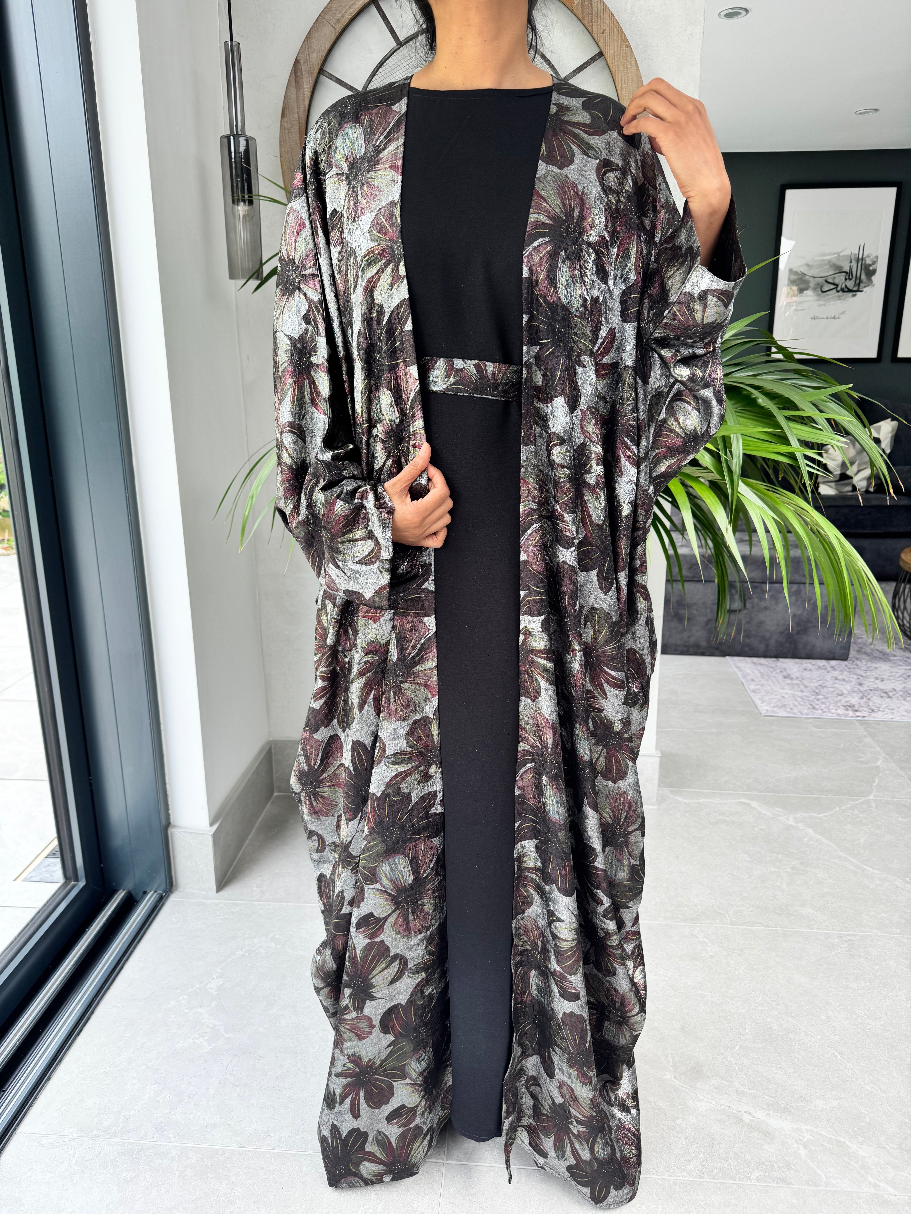 Black Floral Four Piece Abaya Set
