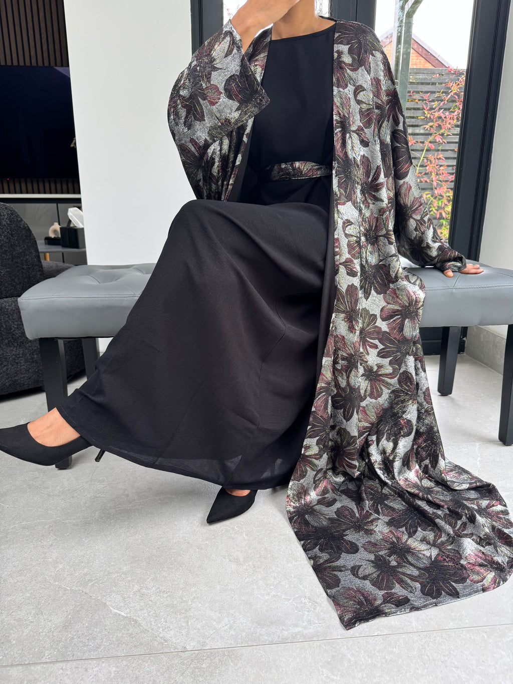 Black Floral Four Piece Abaya Set