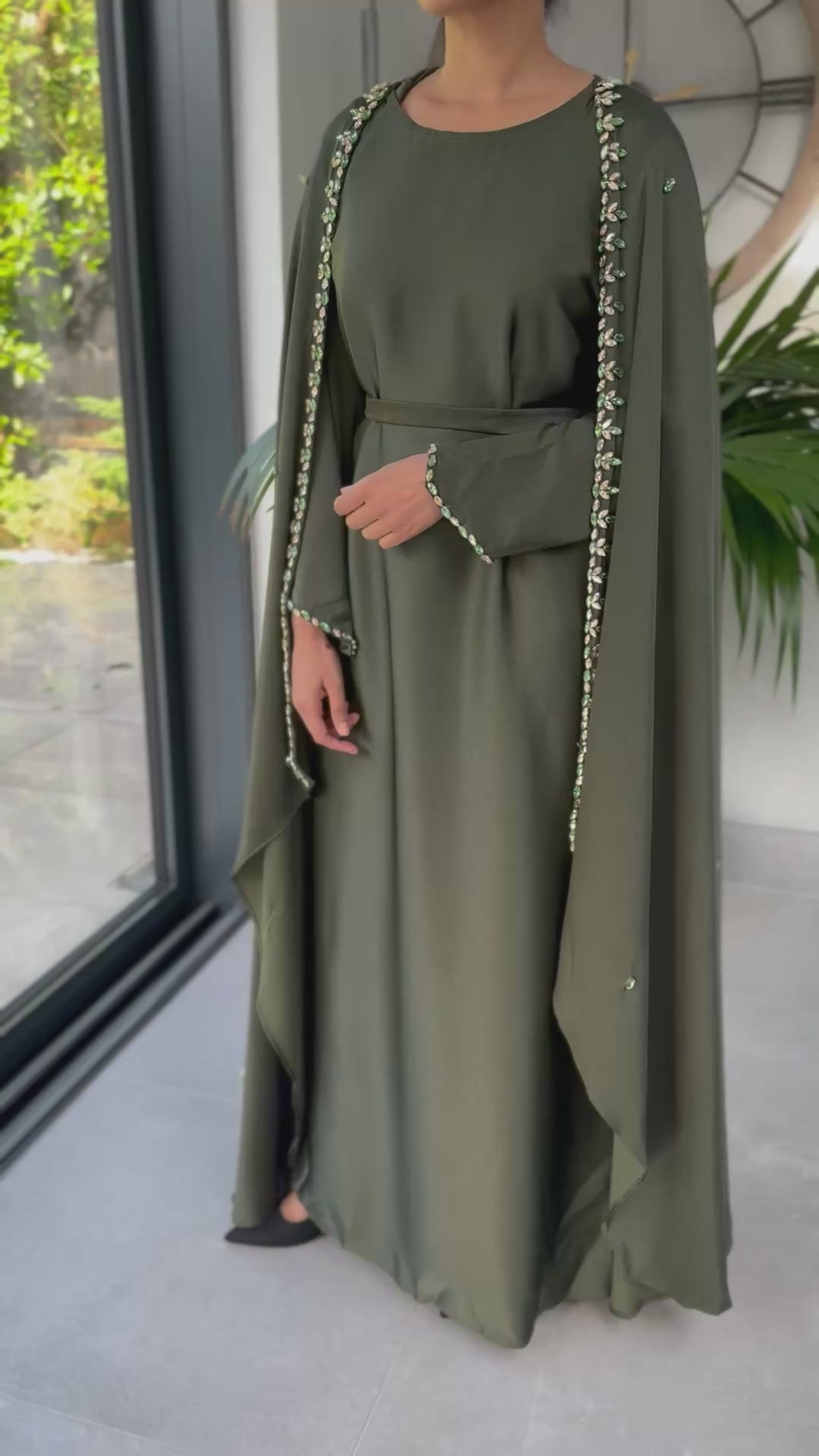 Dark Green Cape Jewelled Abaya